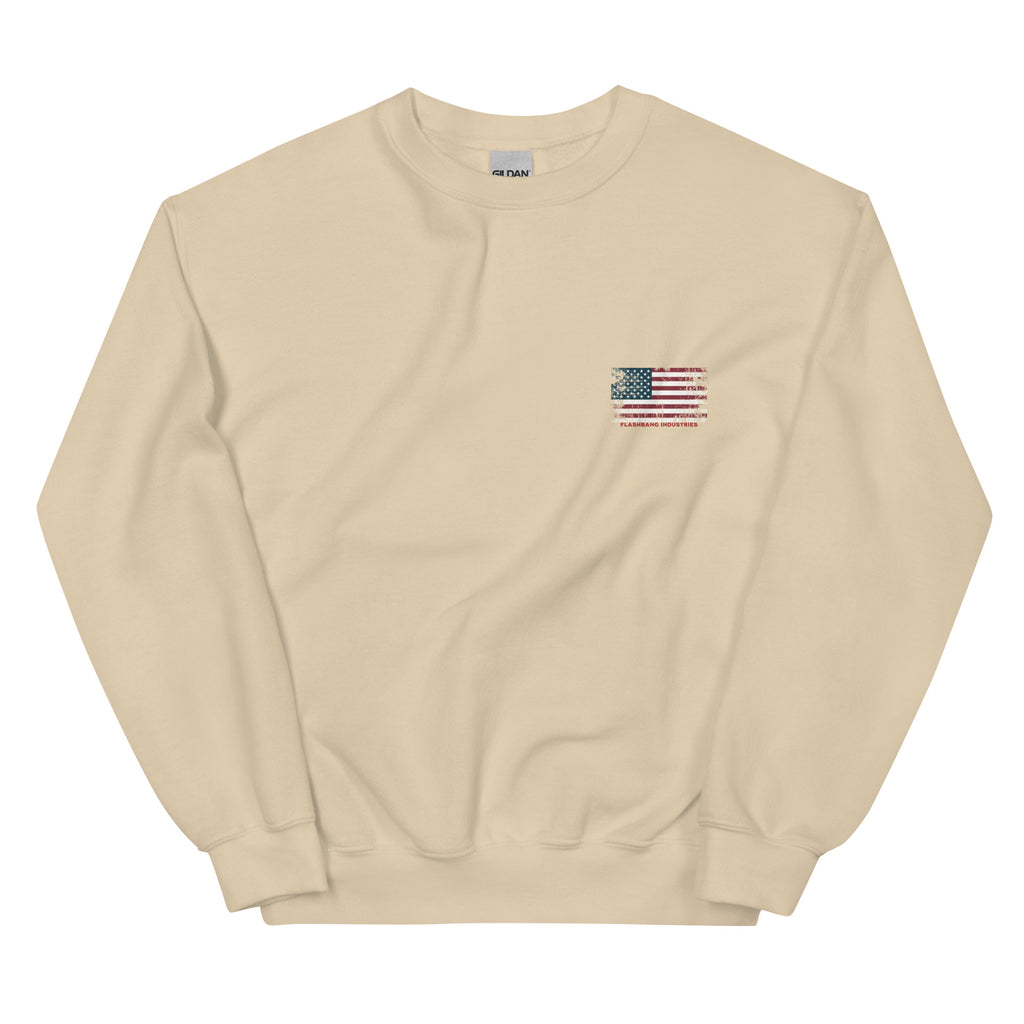 Beige sweatshirt with a small American flag patch on a white background