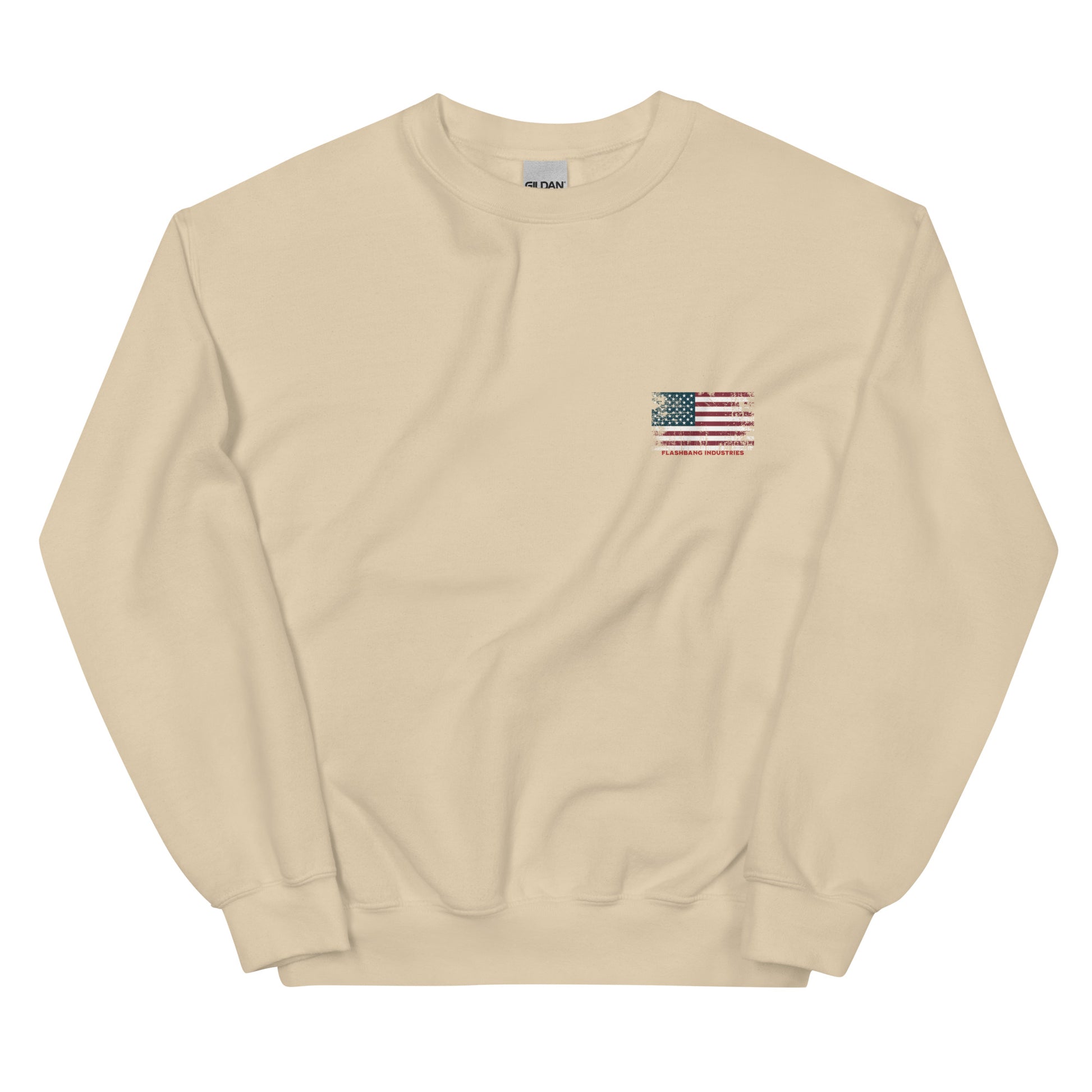 Beige sweatshirt with a small American flag patch on a white background