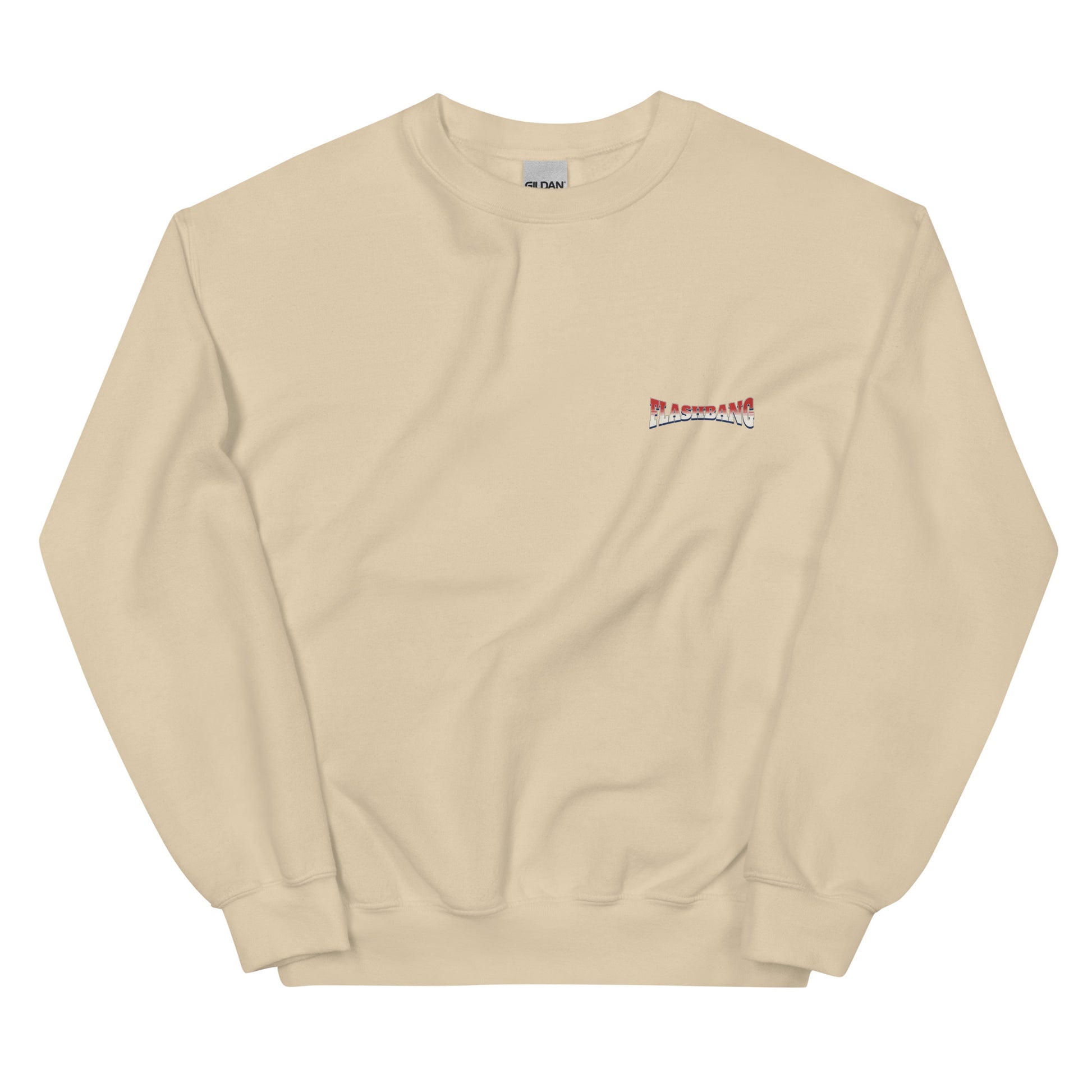 Beige sweatshirt with a small logo on the chest against a white background