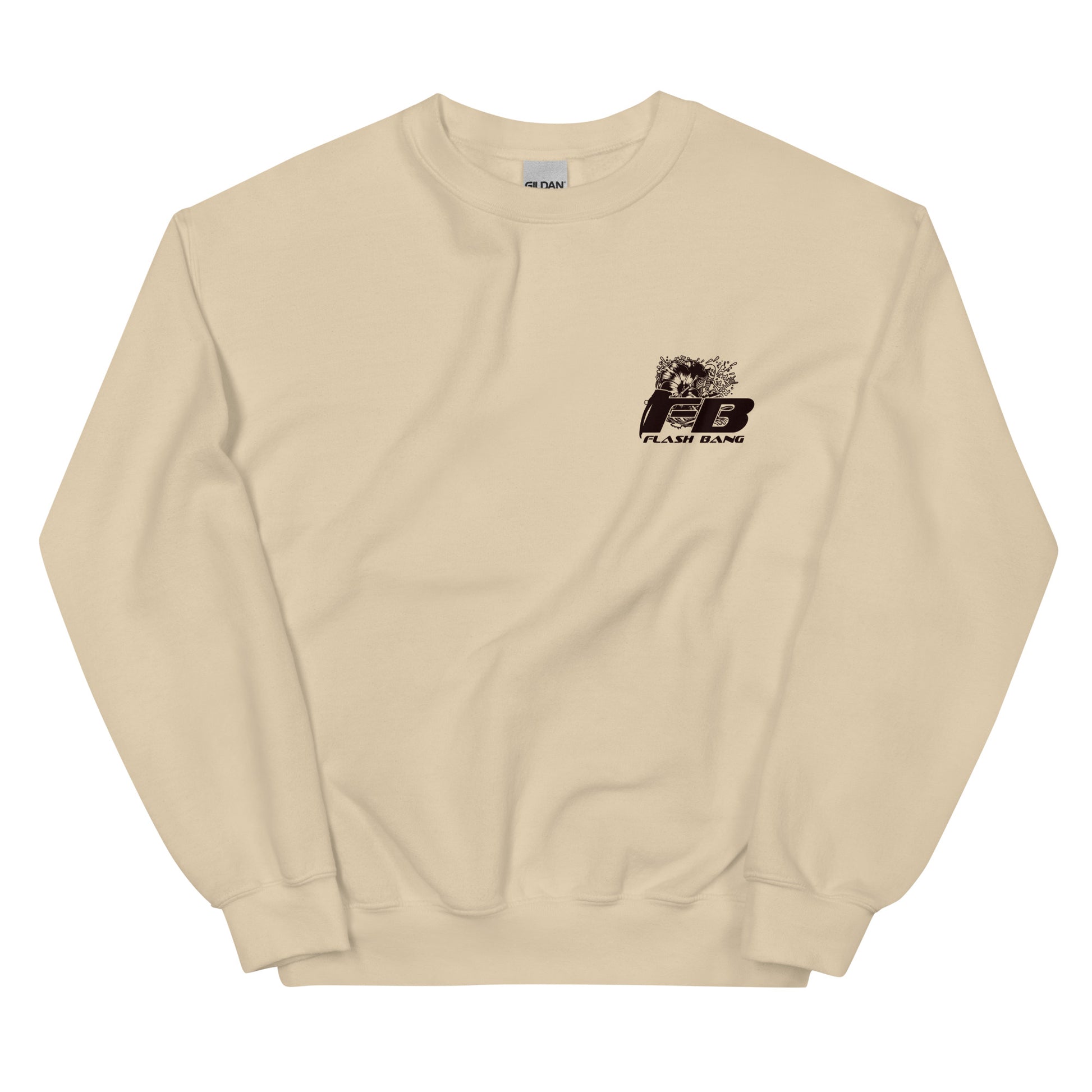Beige sweatshirt with a black logo on the chest against a white background