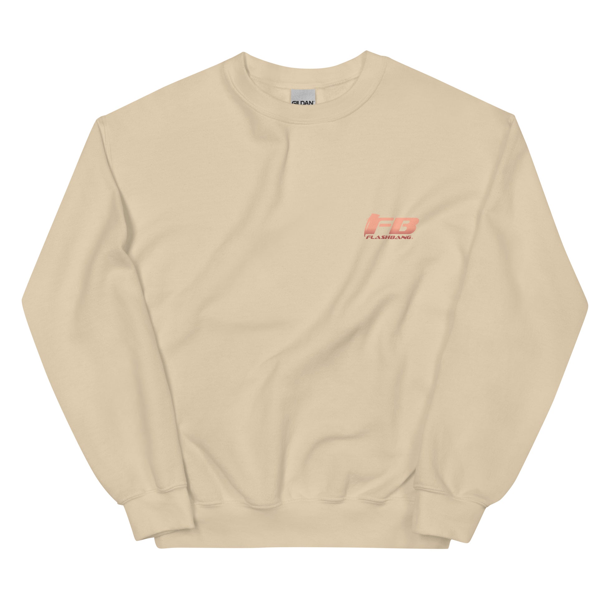 Beige sweatshirt with a logo on the chest against a white background