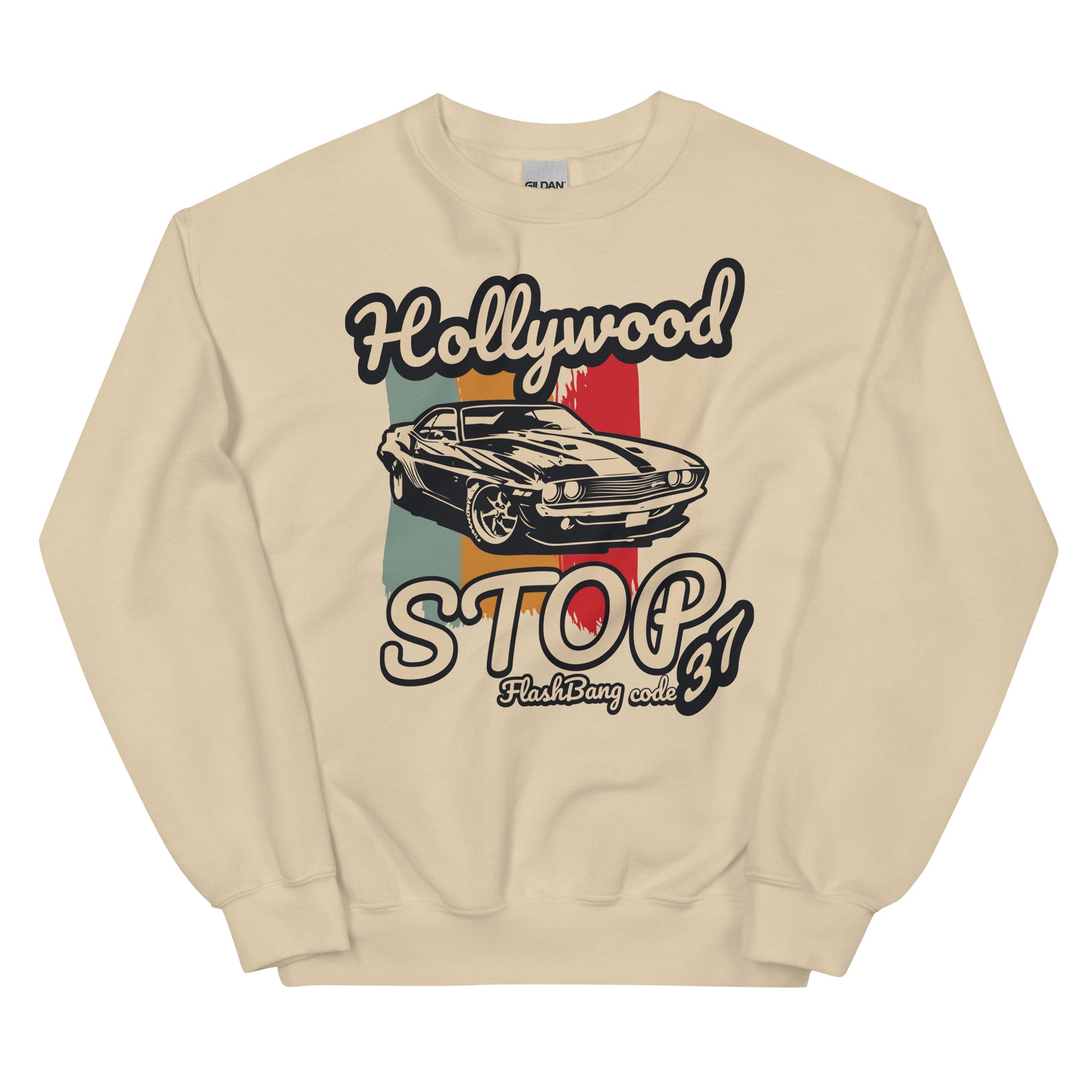 Beige sweatshirt with a graphic of a car and text on a white background