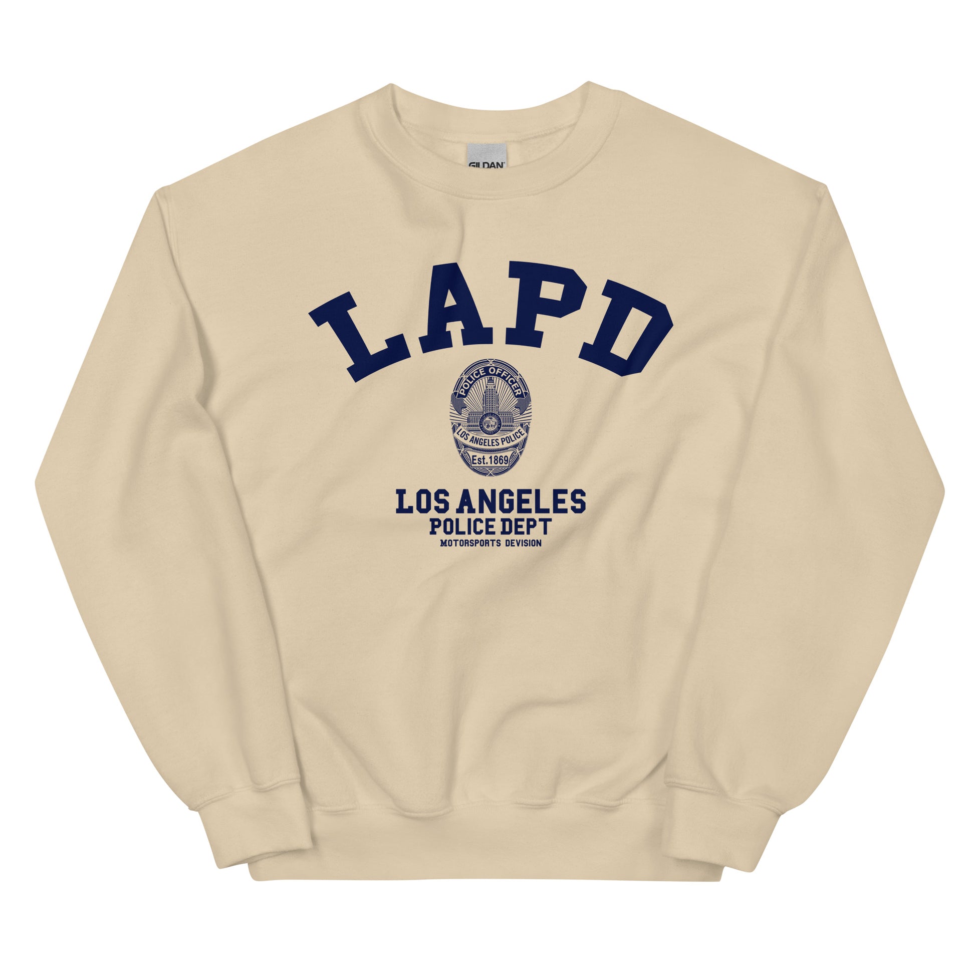 Beige sweatshirt with LAPD Los Angeles Police Dept logo on a white background