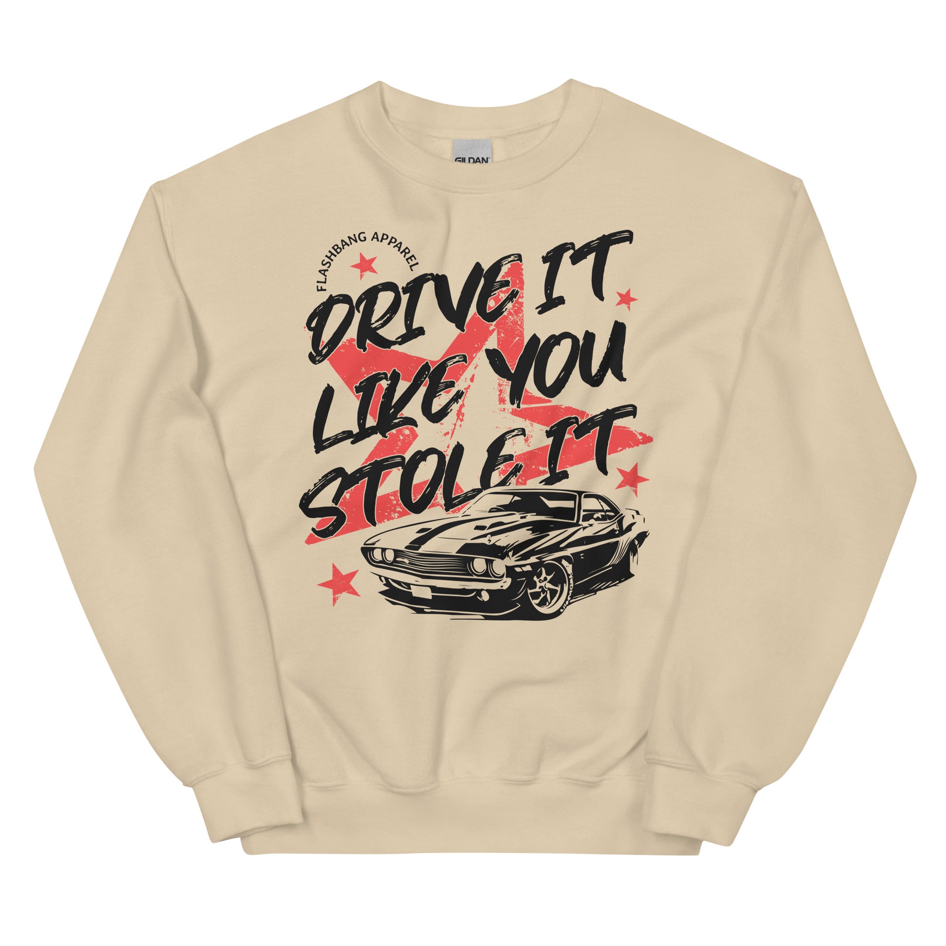 Sand sweatshirt with graphic design and text on a white background