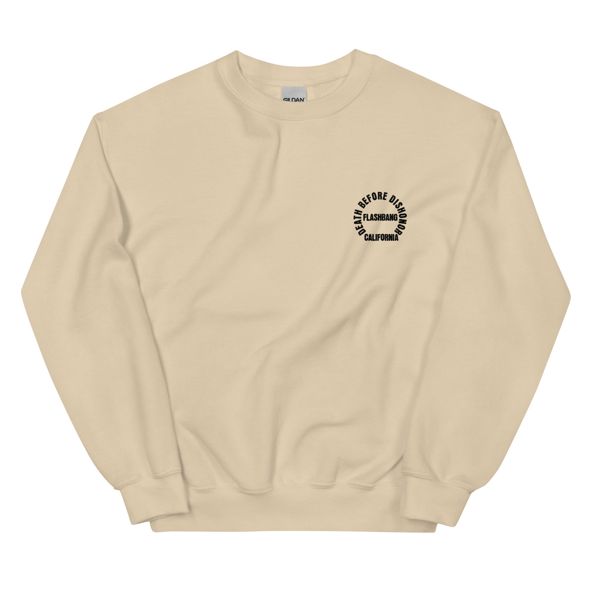 Beige sweatshirt with a black circular logo on a white background