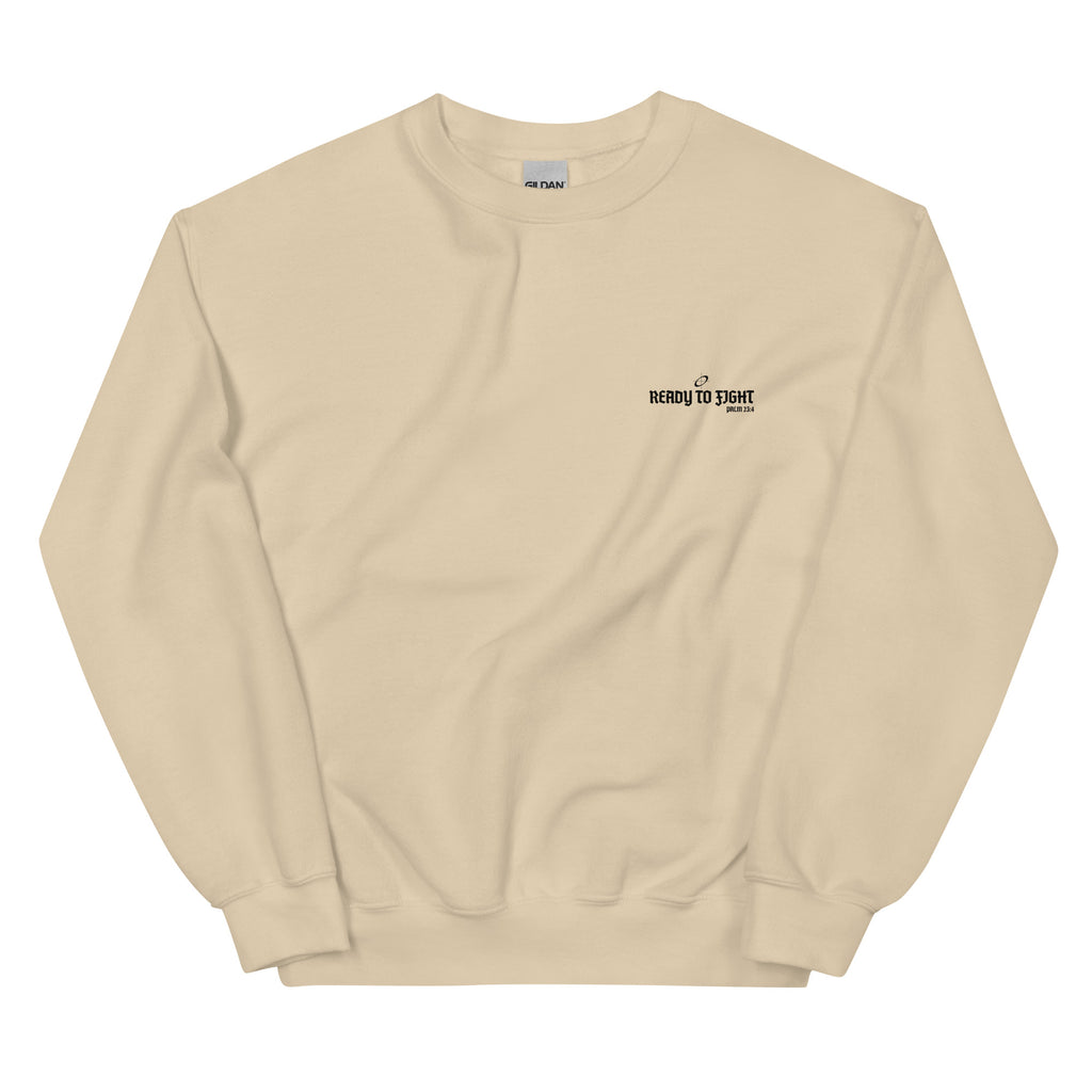 Beige sweatshirt with a small logo on the chest against a white background
