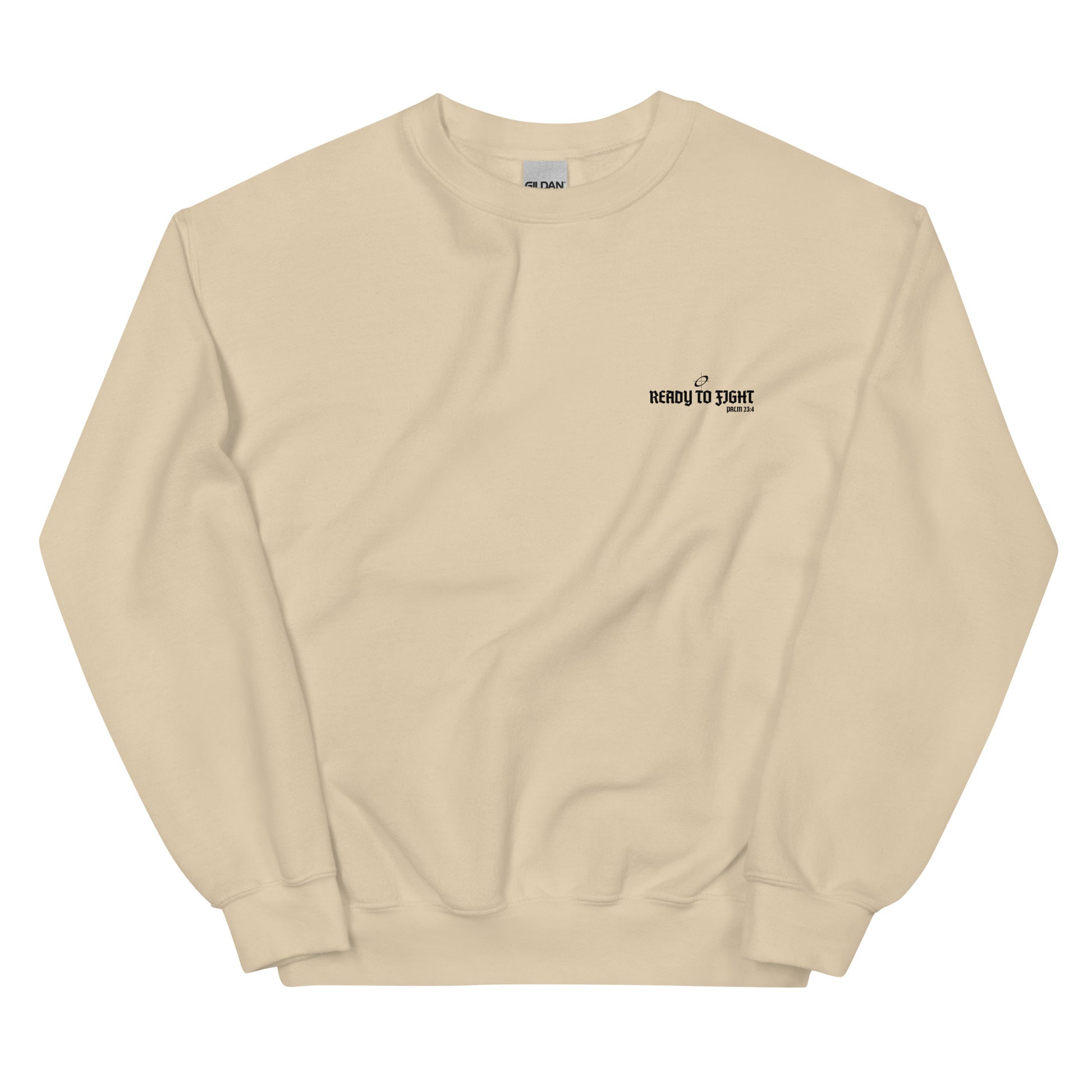 Beige sweatshirt with a small logo on the chest against a white background