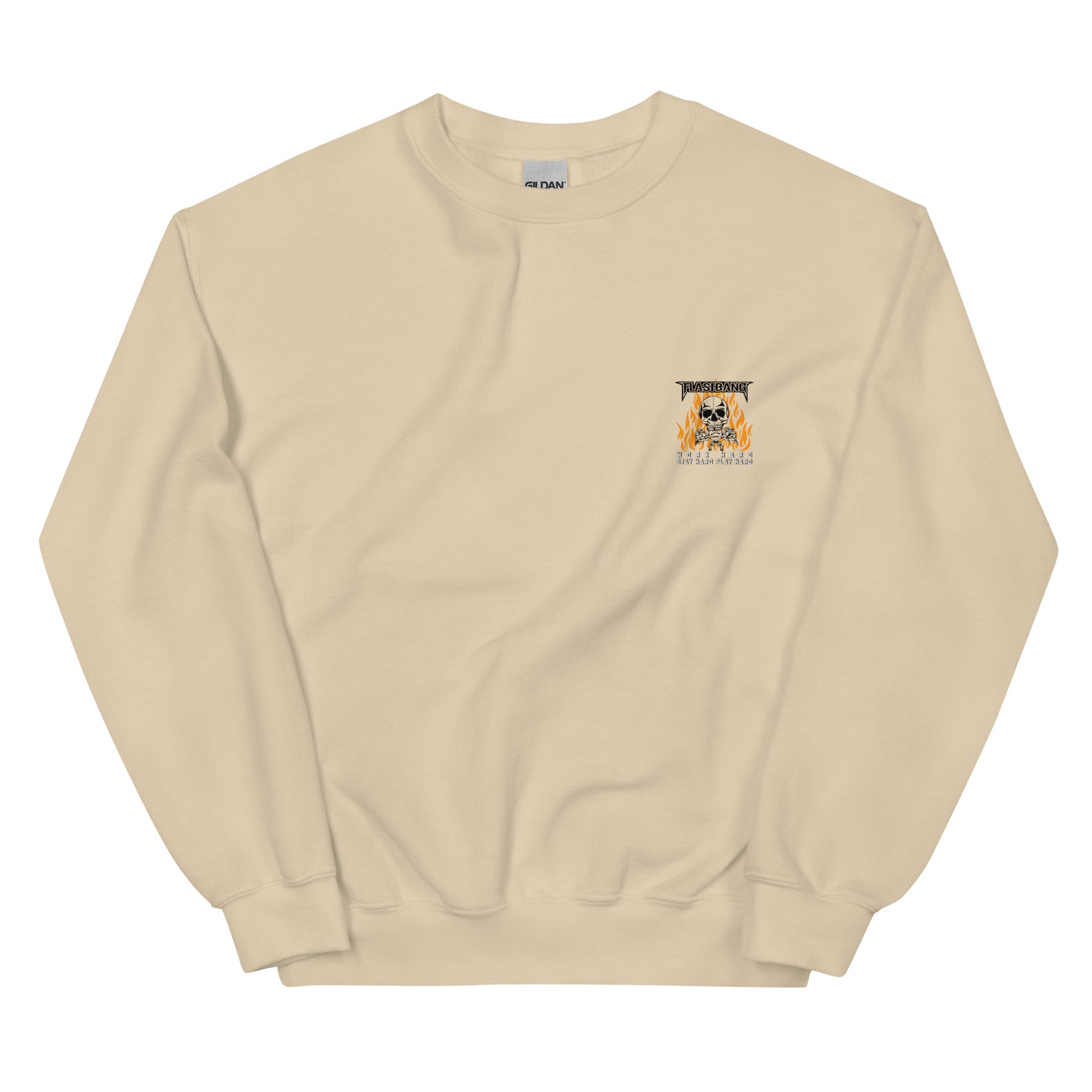 Beige sweatshirt with a small graphic on the chest against a white background