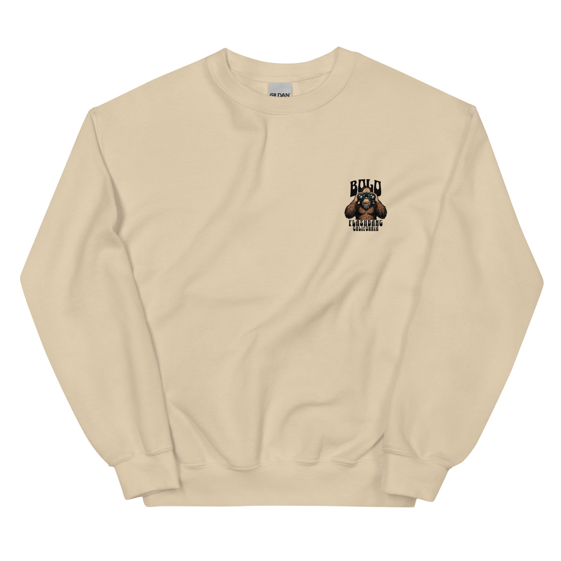 Beige sweatshirt with a graphic of a dog and text on the chest against a white background