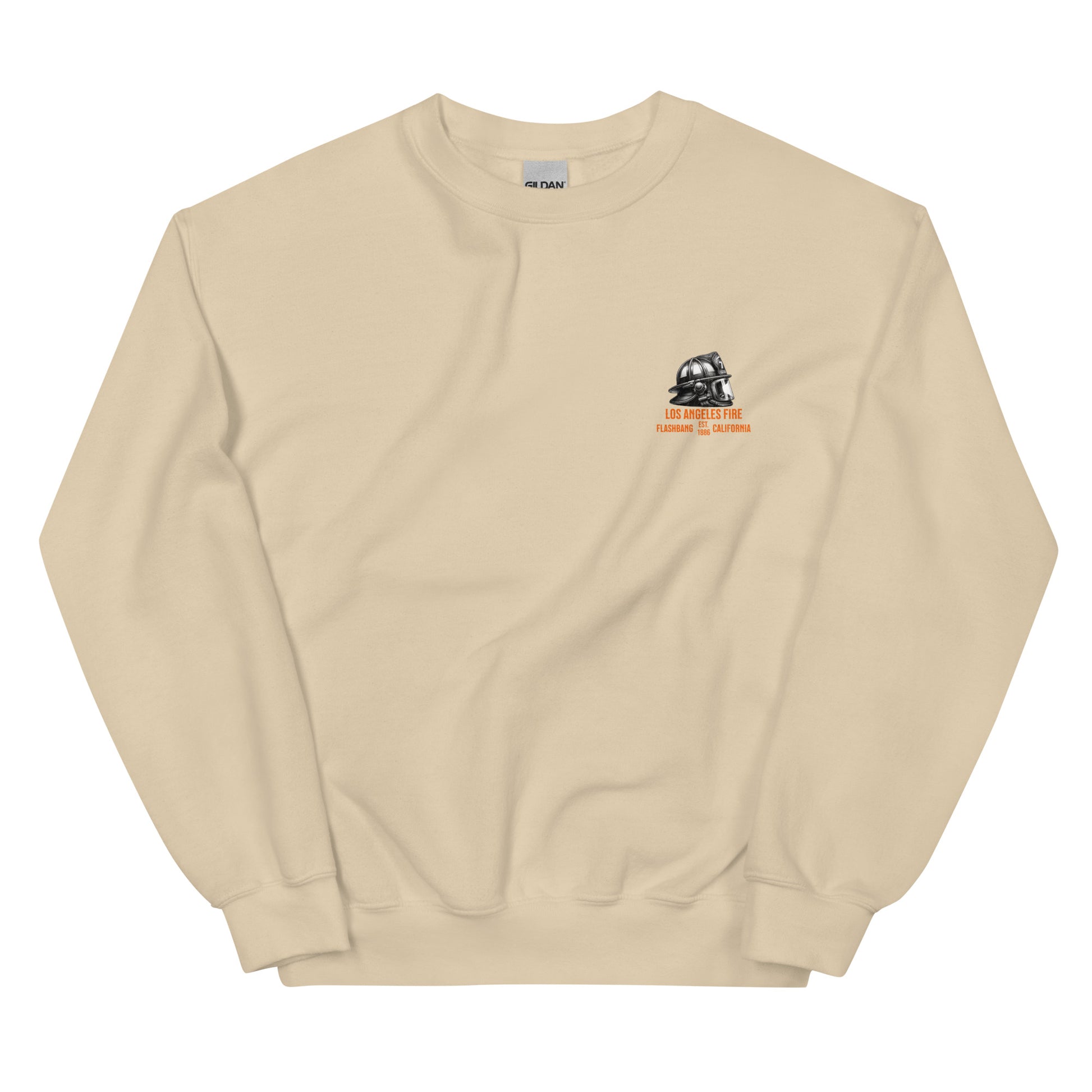 Beige sweatshirt with a logo on the chest against a white background