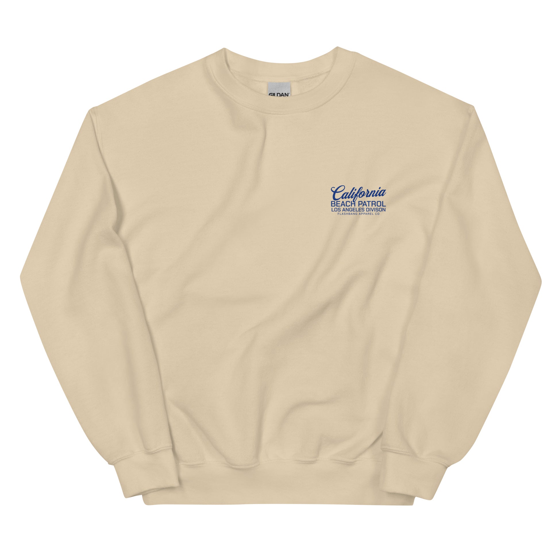 Beige sweatshirt with 'California Beach Patrol' text on a white background