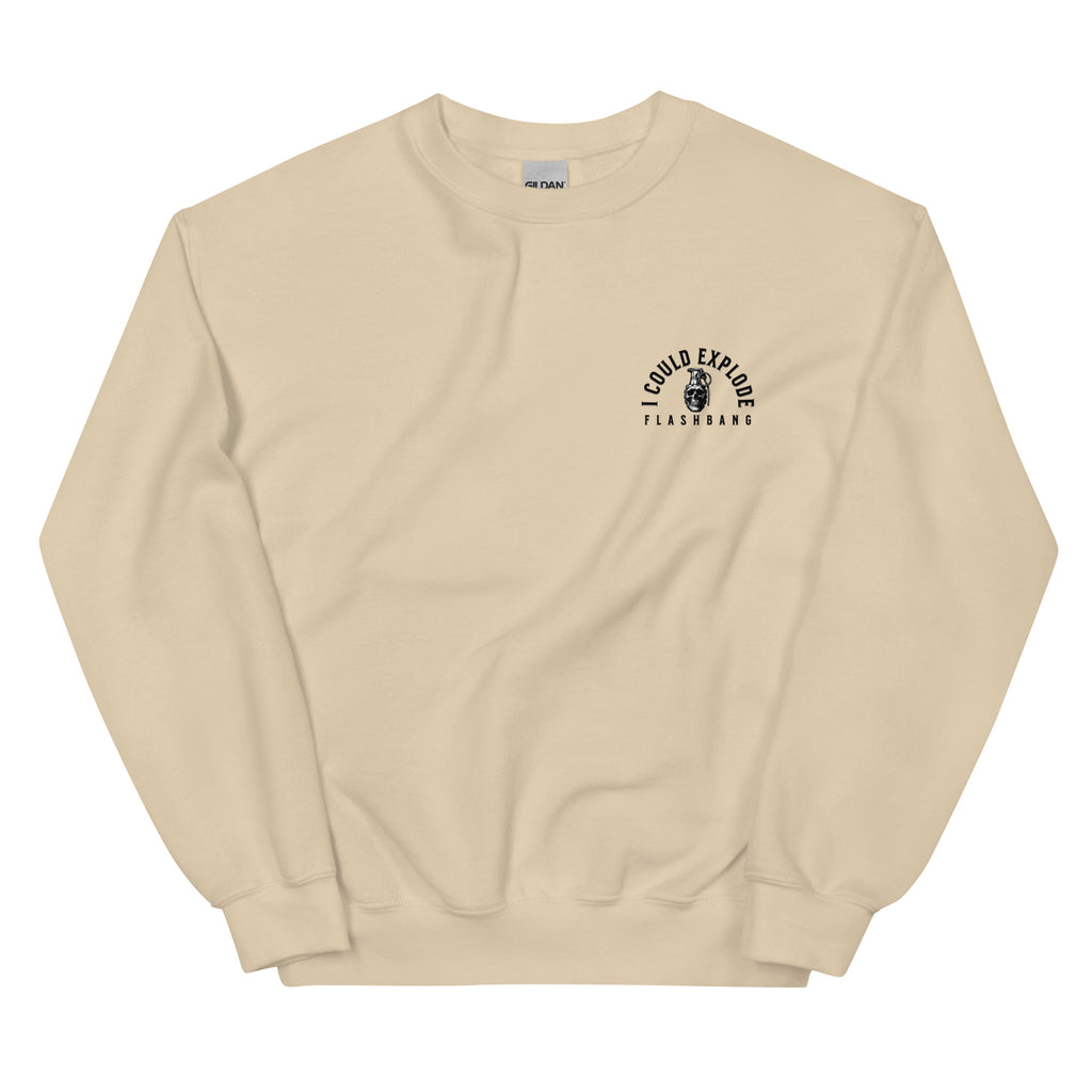 Beige sweatshirt with text and graphic on a white background