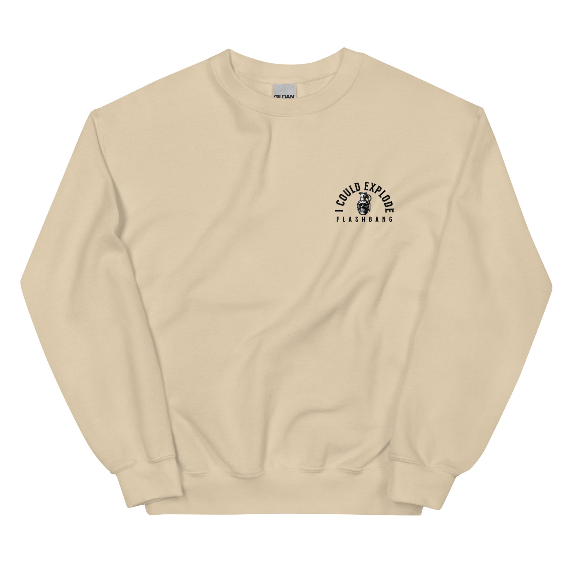 Beige sweatshirt with text and graphic on a white background