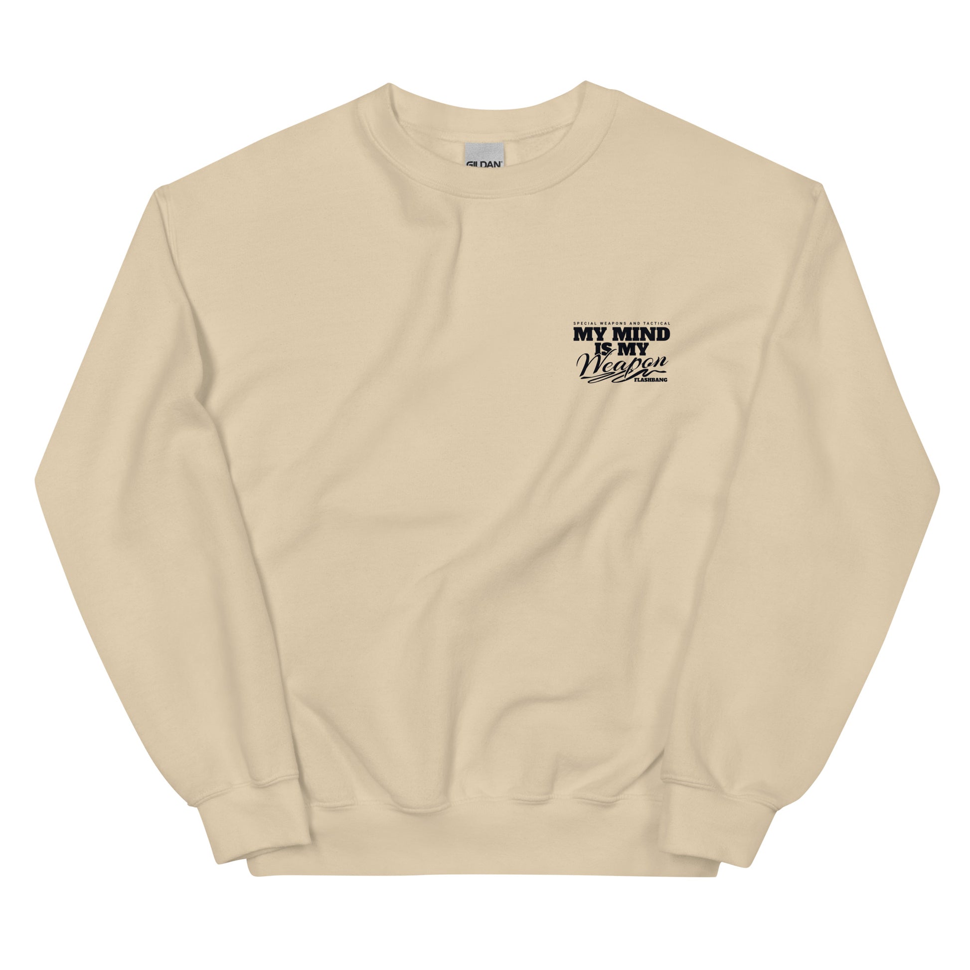 Beige sweatshirt with text on a white background