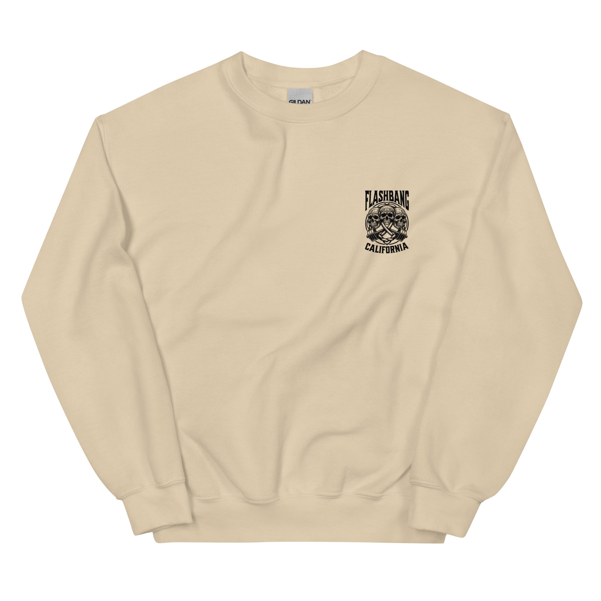 Beige sweatshirt with a graphic design on the chest against a white background
