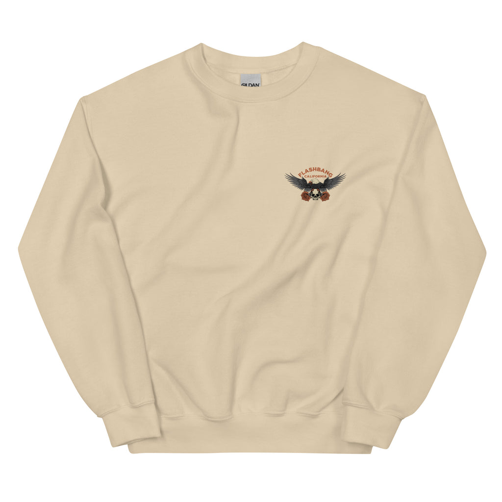 Beige sweatshirt with a logo on the chest against a white background