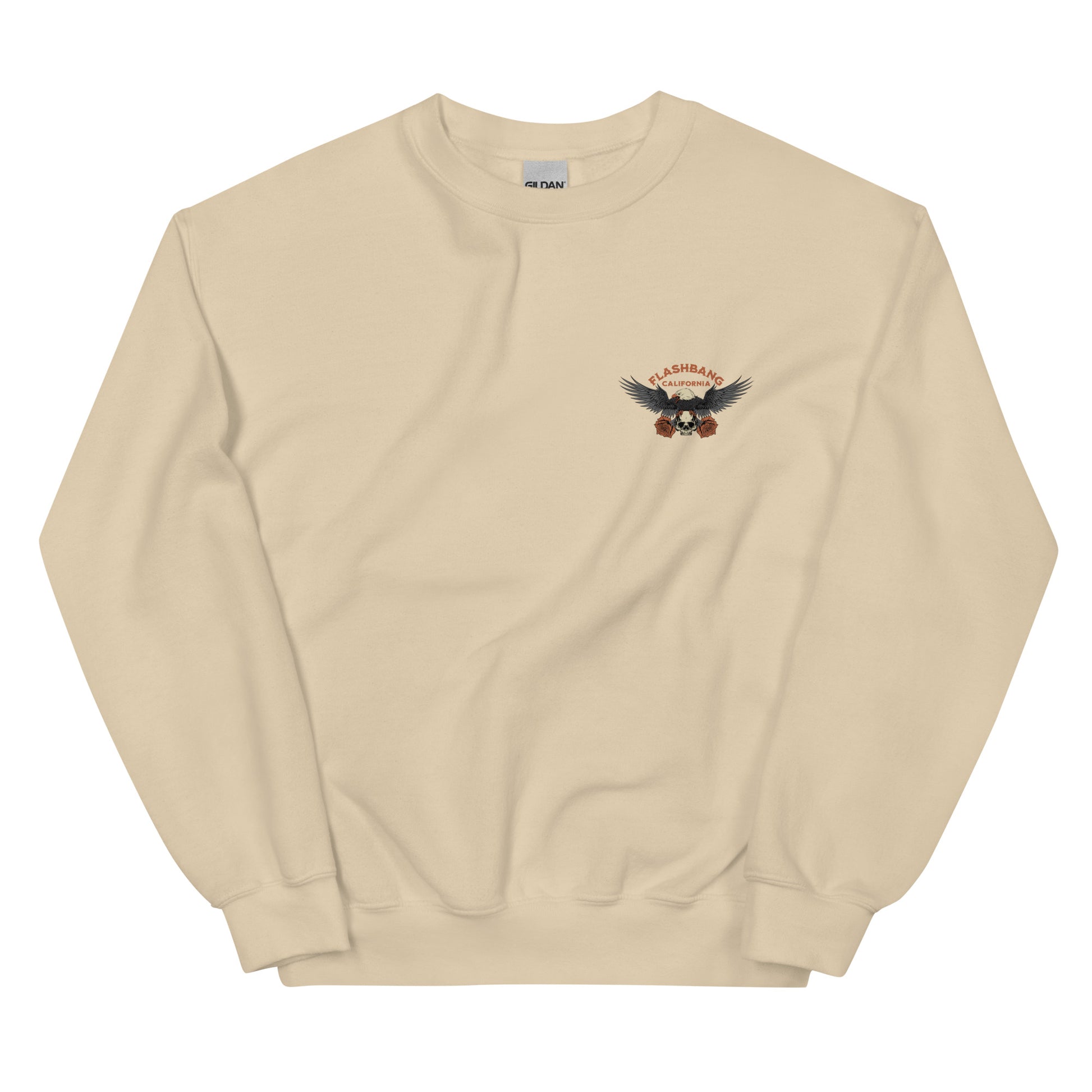 Beige sweatshirt with a logo on the chest against a white background