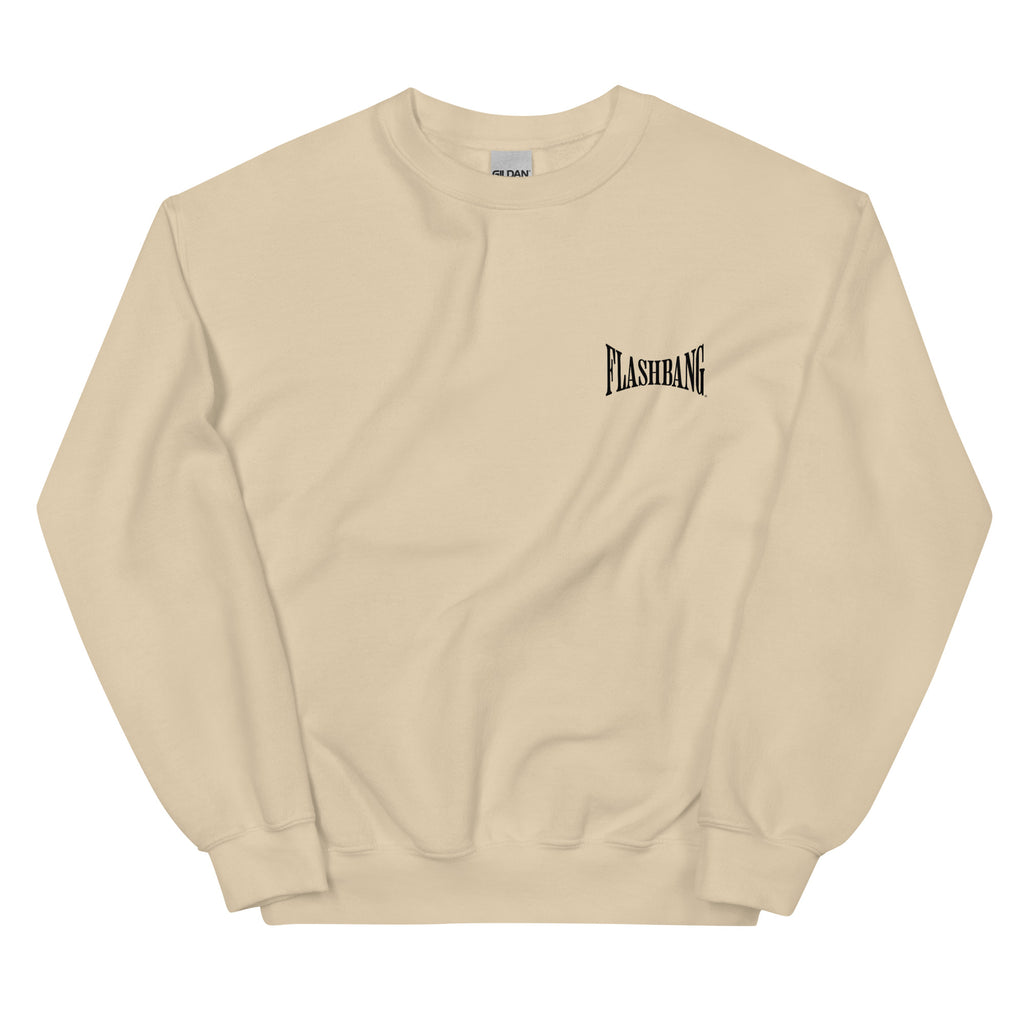 Beige sweatshirt with 'Flashbang' logo on a white background