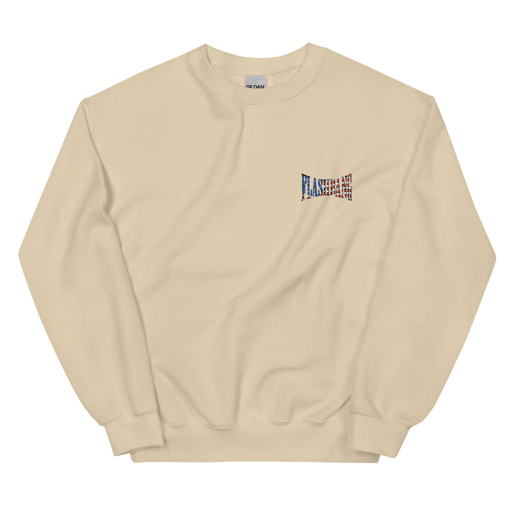 Beige sweatshirt with a small logo on the chest against a white background