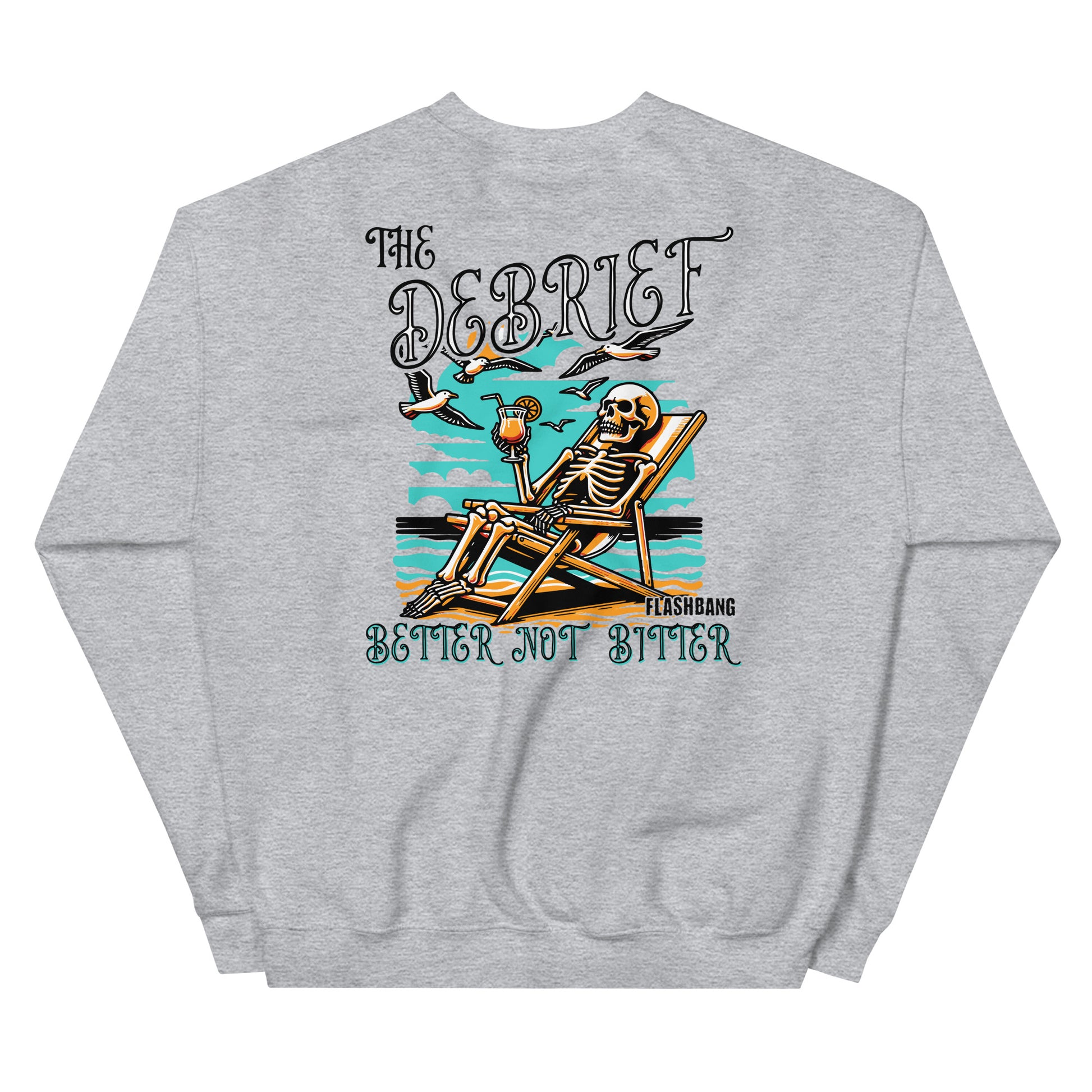 Gray sweatshirt with a skeleton design and text on the back, on a white background