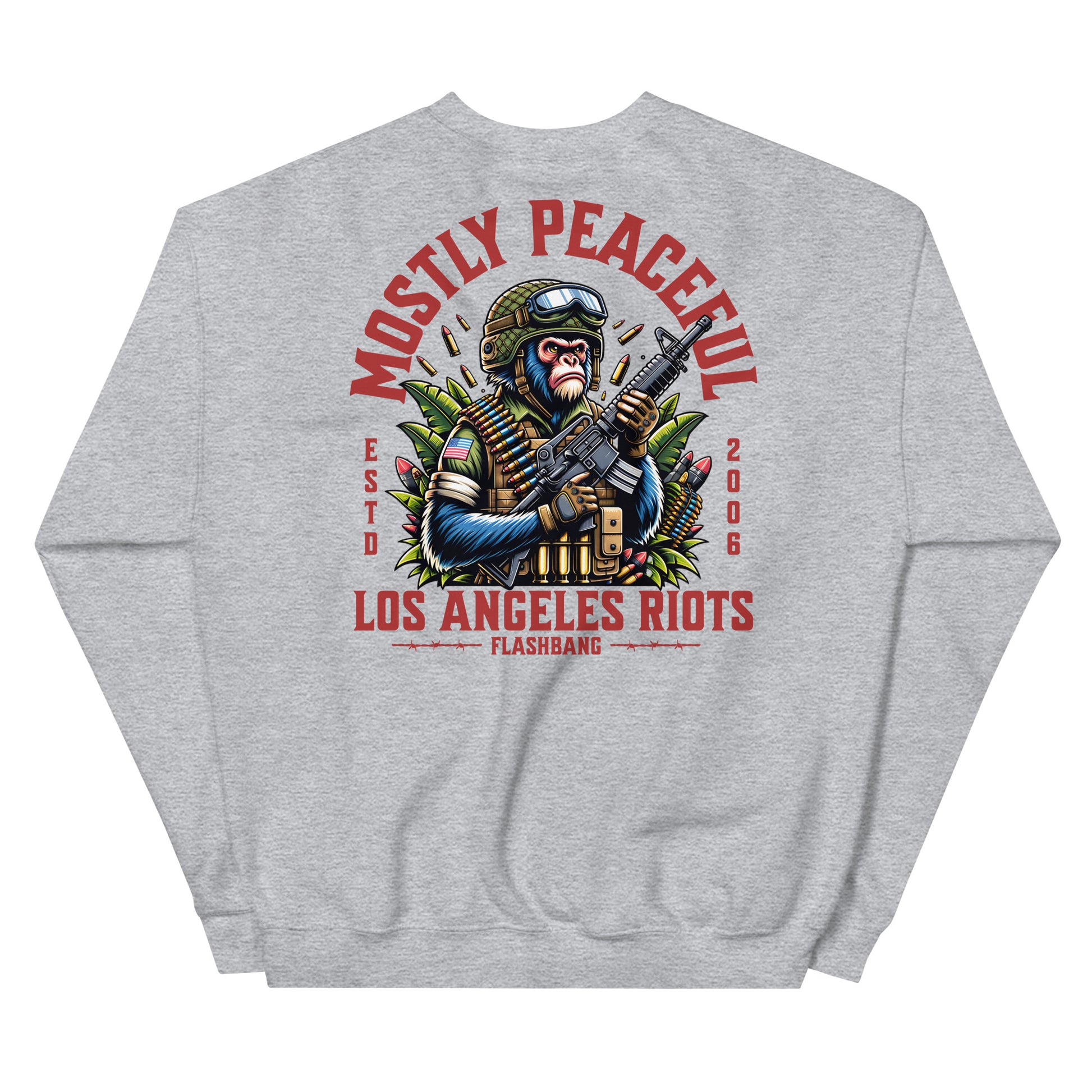 Gray sweatshirt with a graphic design featuring a monkey holding a gun and text on a white background