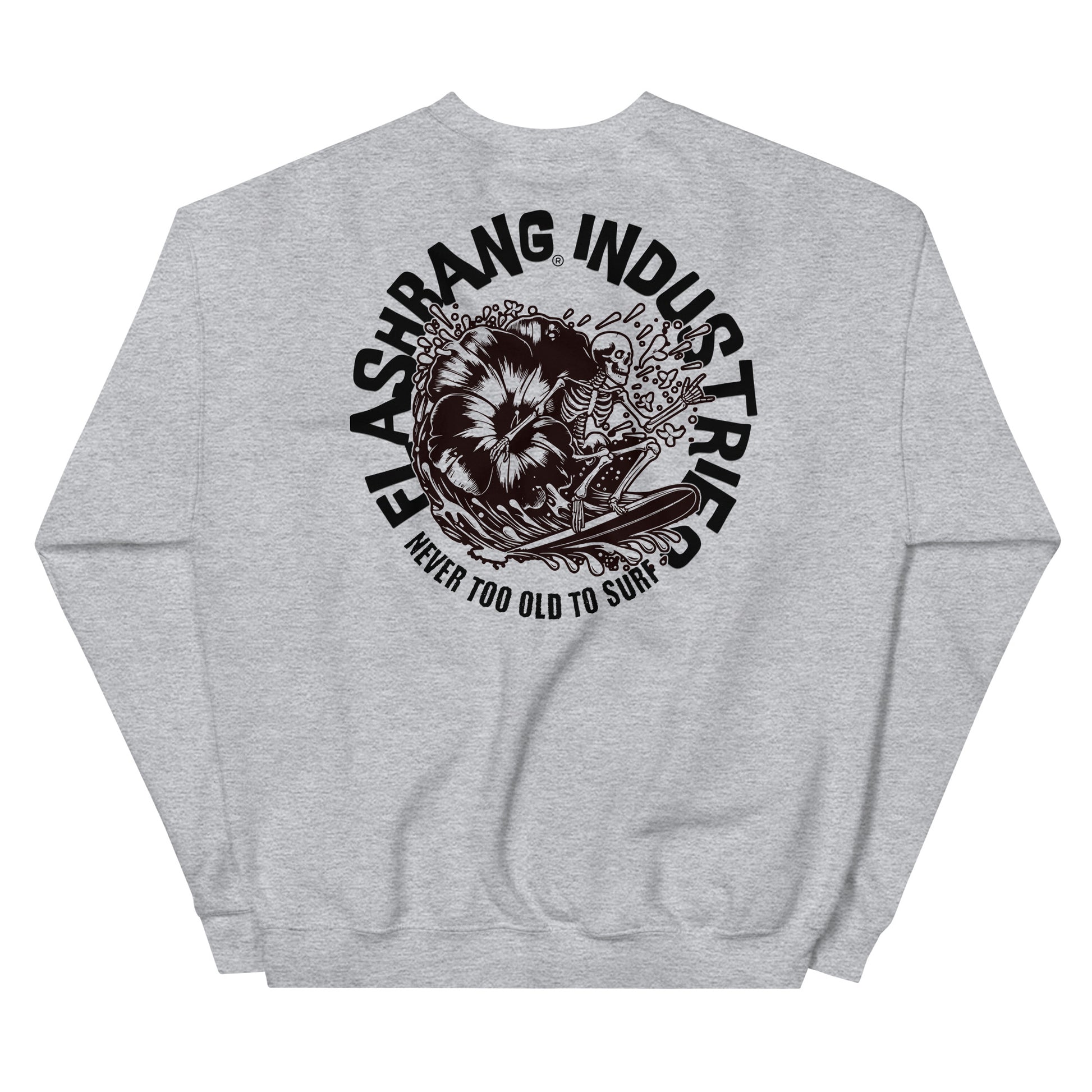 Gray sweatshirt with black graphic design on the back on a white background