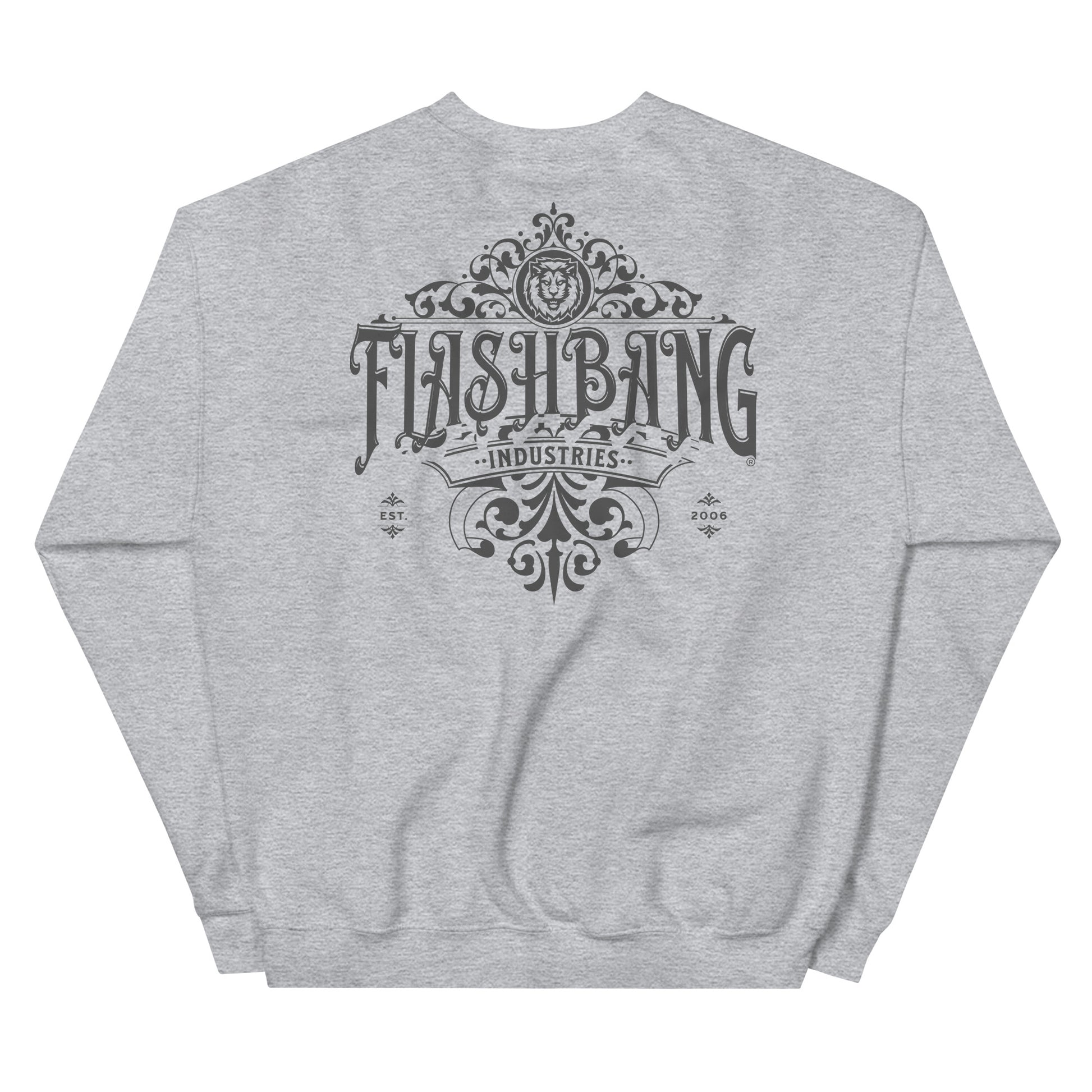 Gray sweatshirt with 'Flashbang Industries' logo on the back against a white background