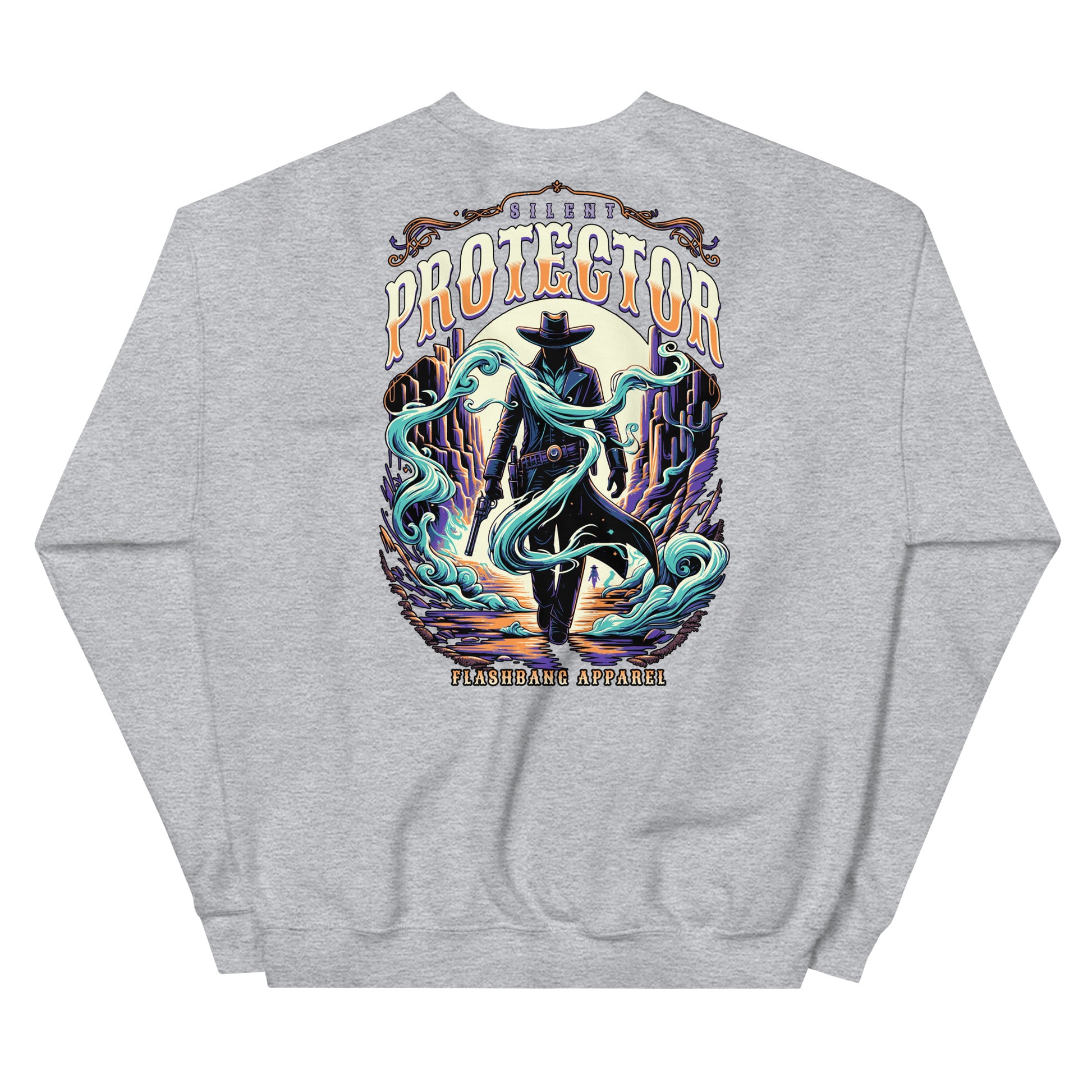 Gray sweatshirt with a colorful graphic design on the back featuring a cowboy and text.