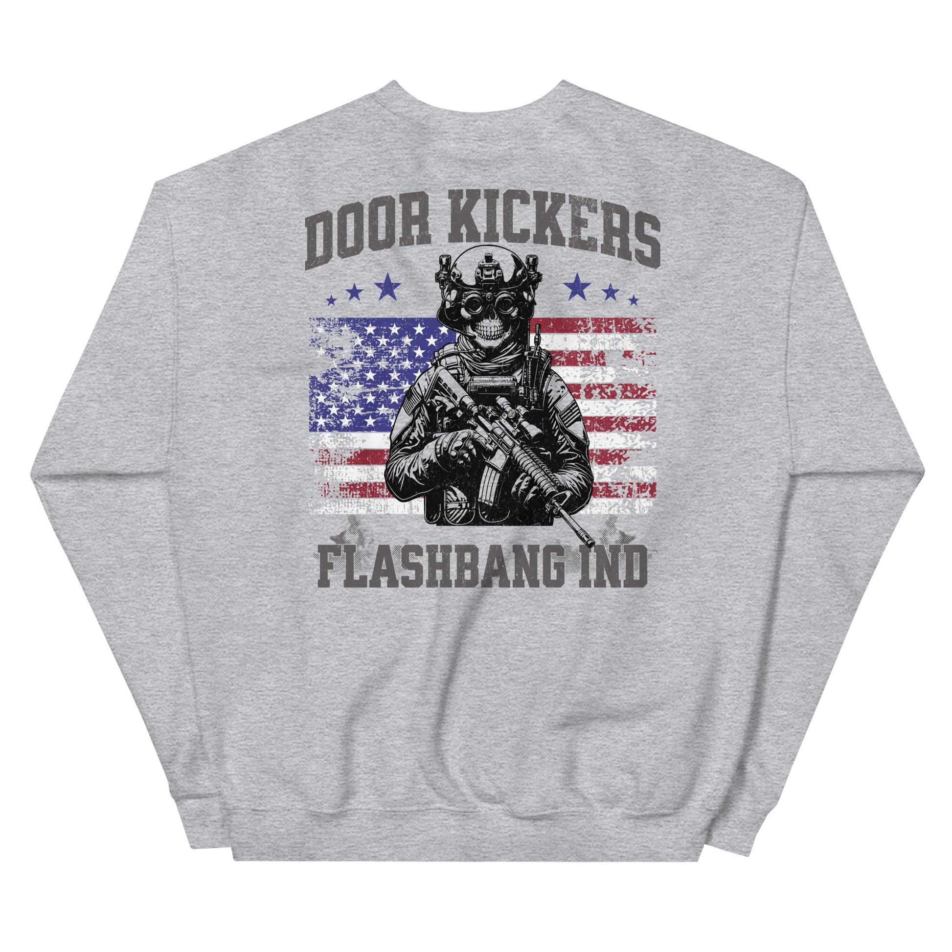 Gray sweatshirt with graphic design of a soldier and American flag on a white background