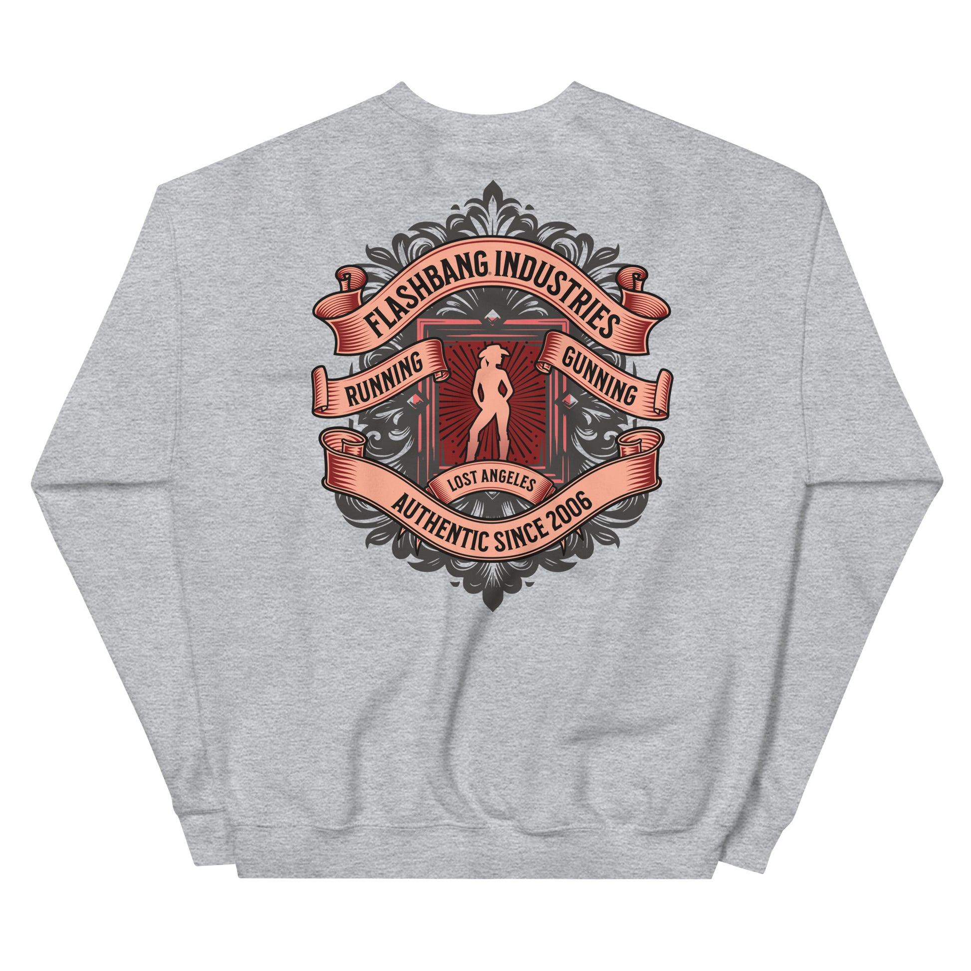Gray sweatshirt with a colorful graphic on the back on a white background