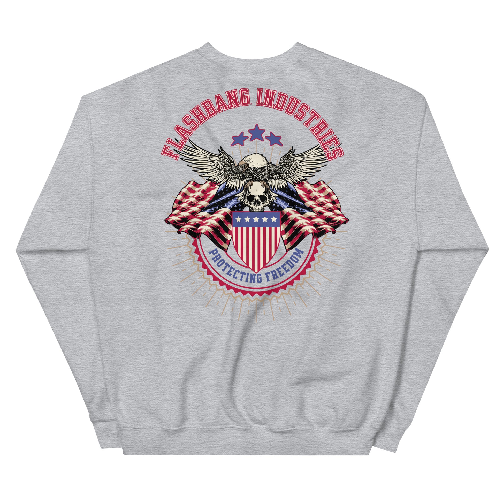 Gray sweatshirt with a graphic design featuring an eagle, shield, and text on a white background