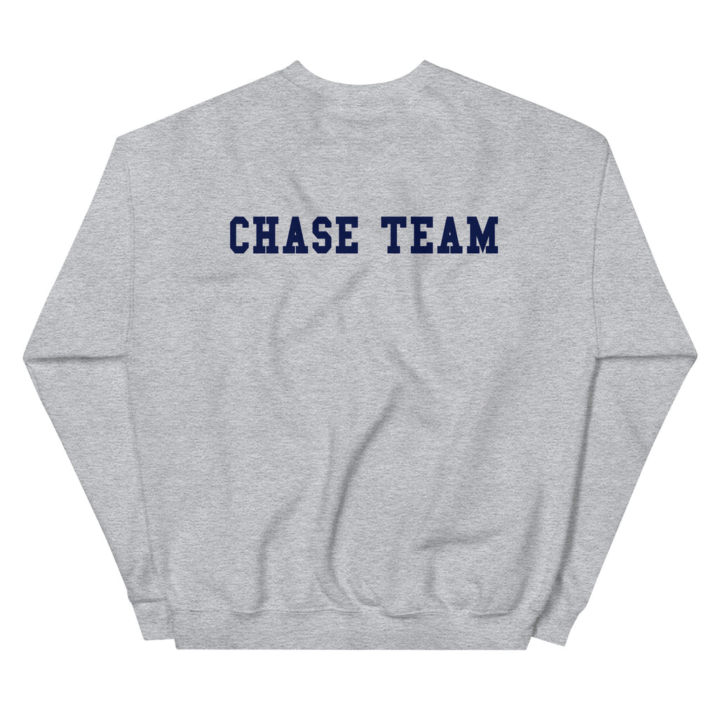 Gray sweatshirt with 'CHASE TEAM' text on the back against a white background