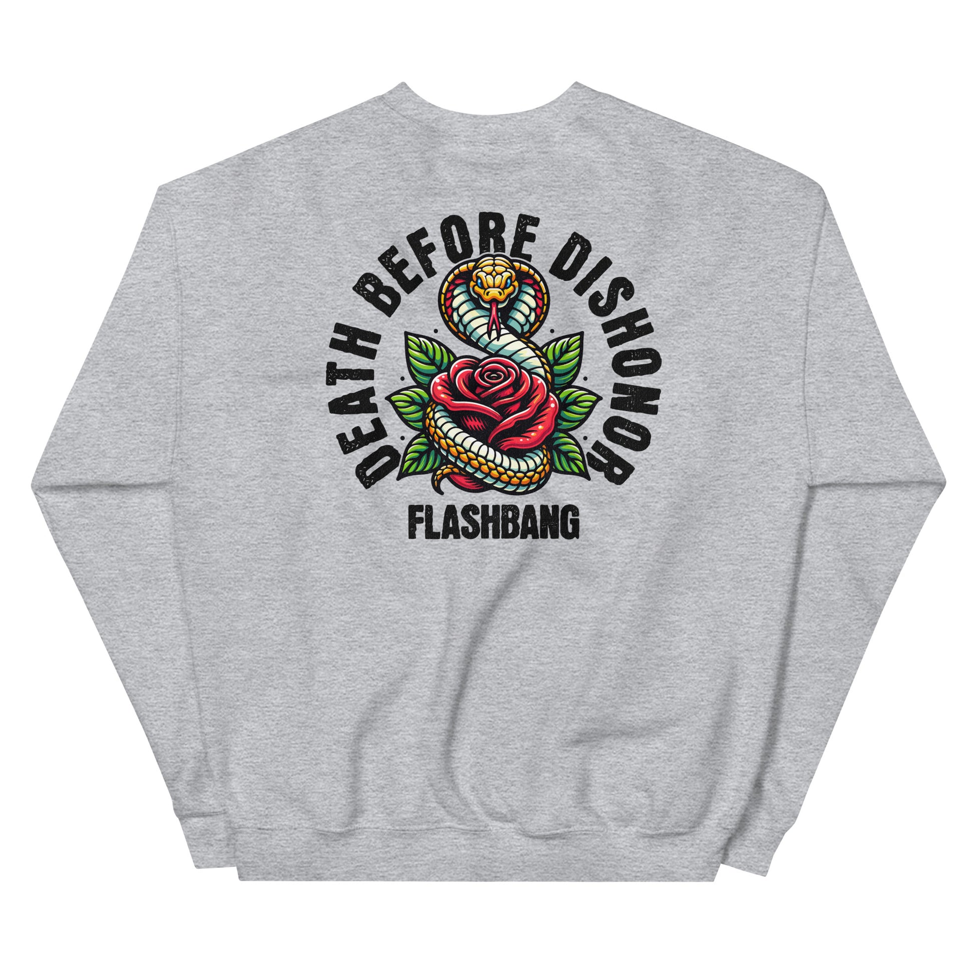 Gray sweatshirt with a snake and rose design and text on the back against a white background