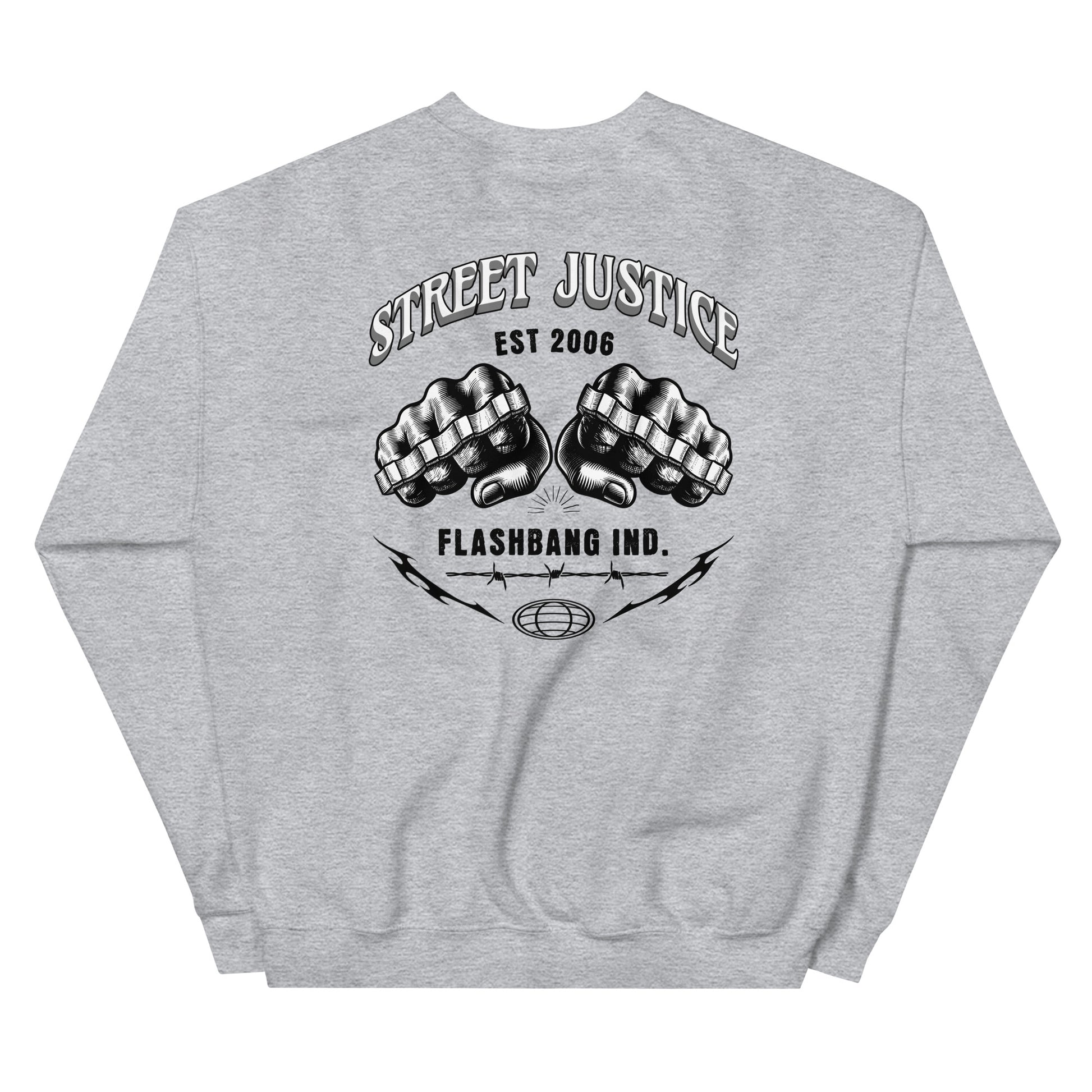 Gray sweatshirt with black graphic design on the back featuring fists and text.
