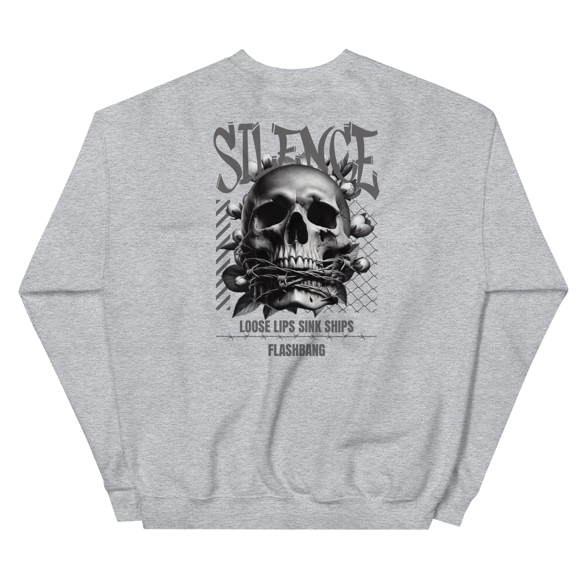 Gray sweatshirt with a skull graphic and text on the back, on a white background