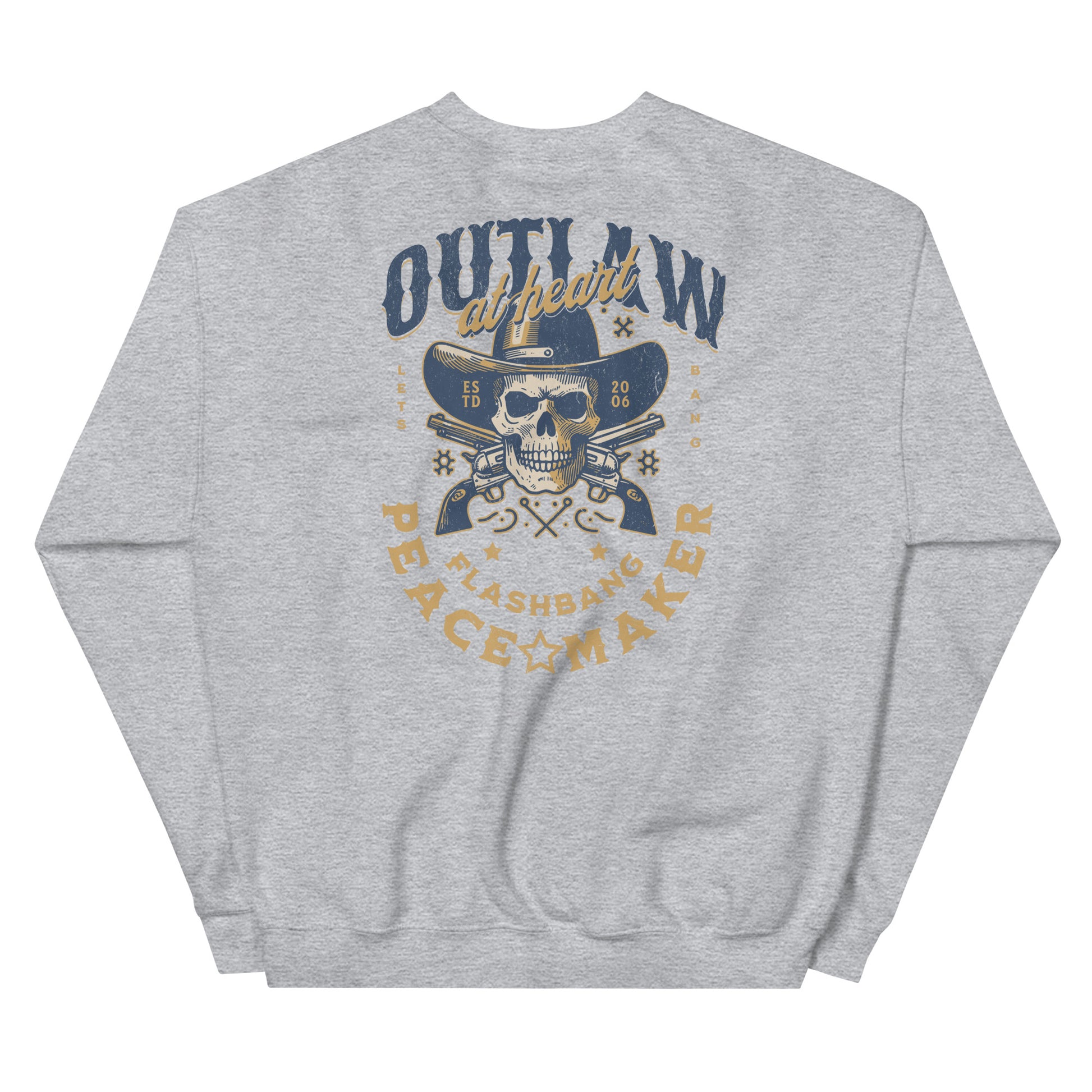 Ash sweatshirt with a graphic design on the back featuring a skull and text.