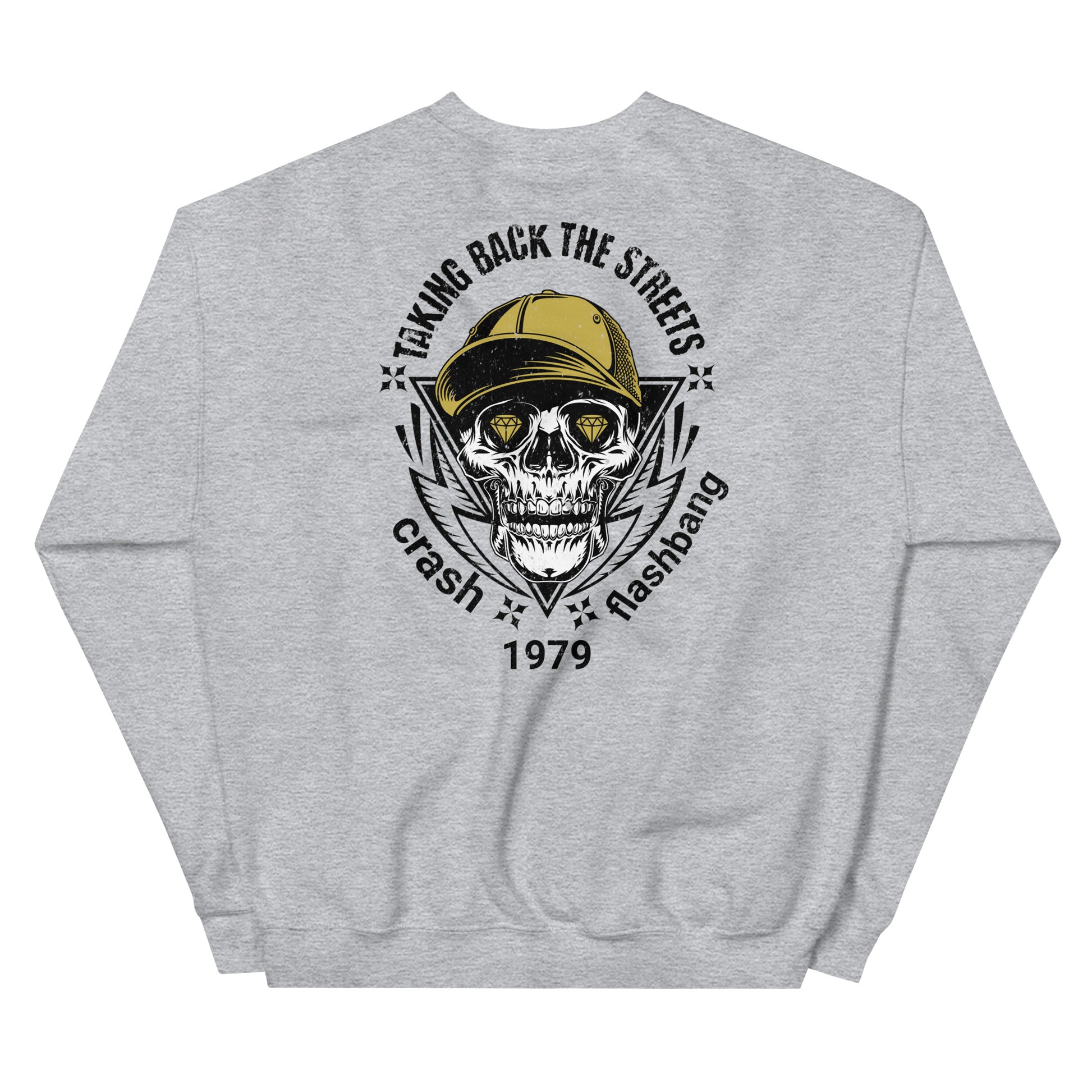 Gray sweatshirt with a skull graphic and text on the back, on a white background