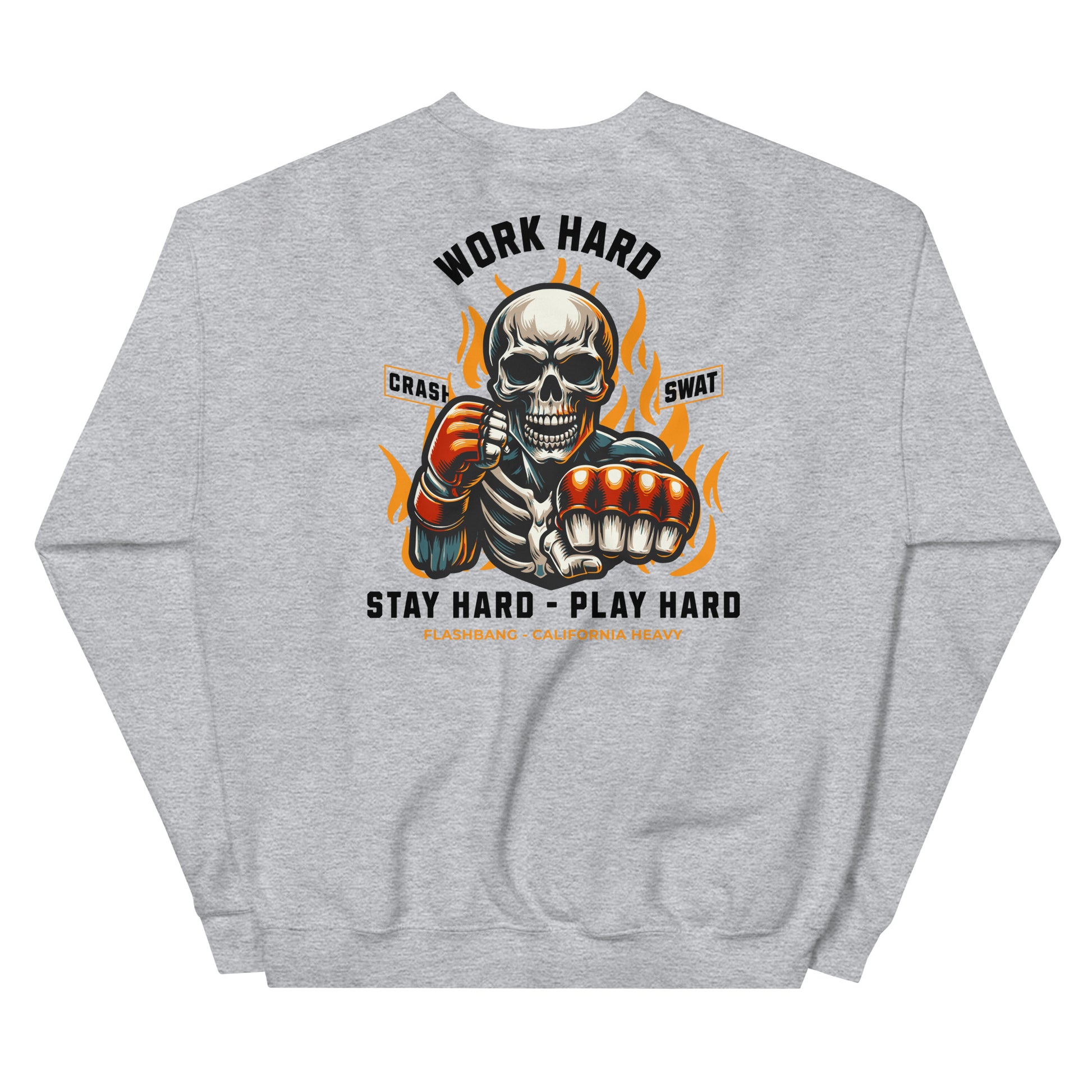 Gray sweatshirt with a graphic design of a skull and text on the back, on a white background.