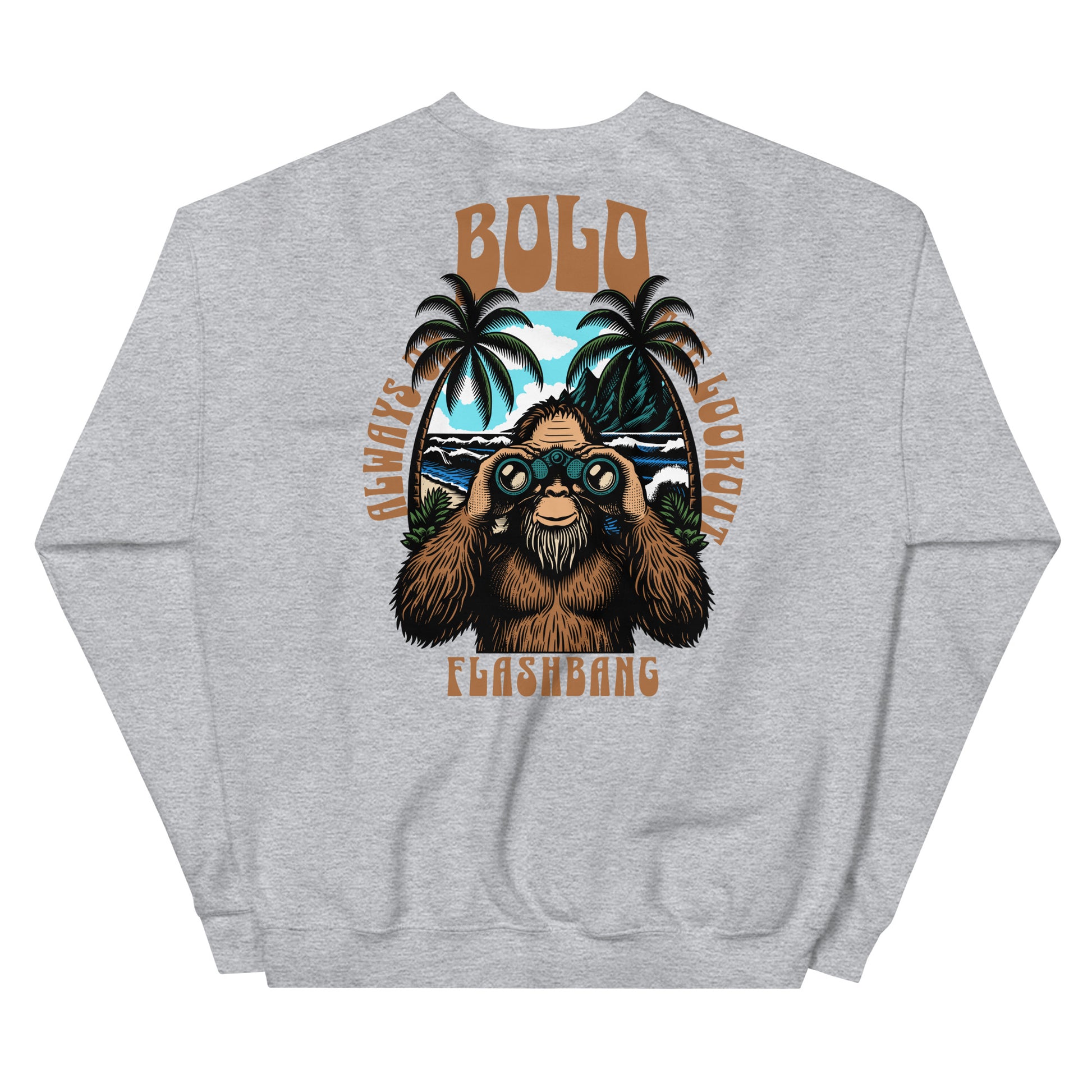 Gray sweatshirt with a graphic of a sloth, palm trees, and text on the back against a white background