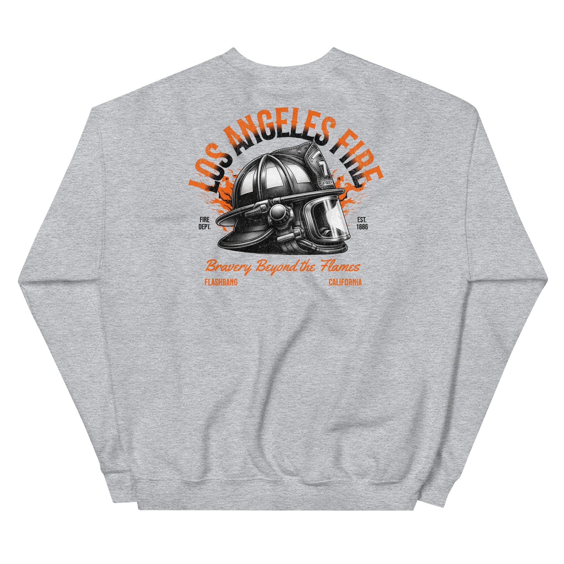 Gray sweatshirt with a fire helmet graphic and text on the back, on a white background
