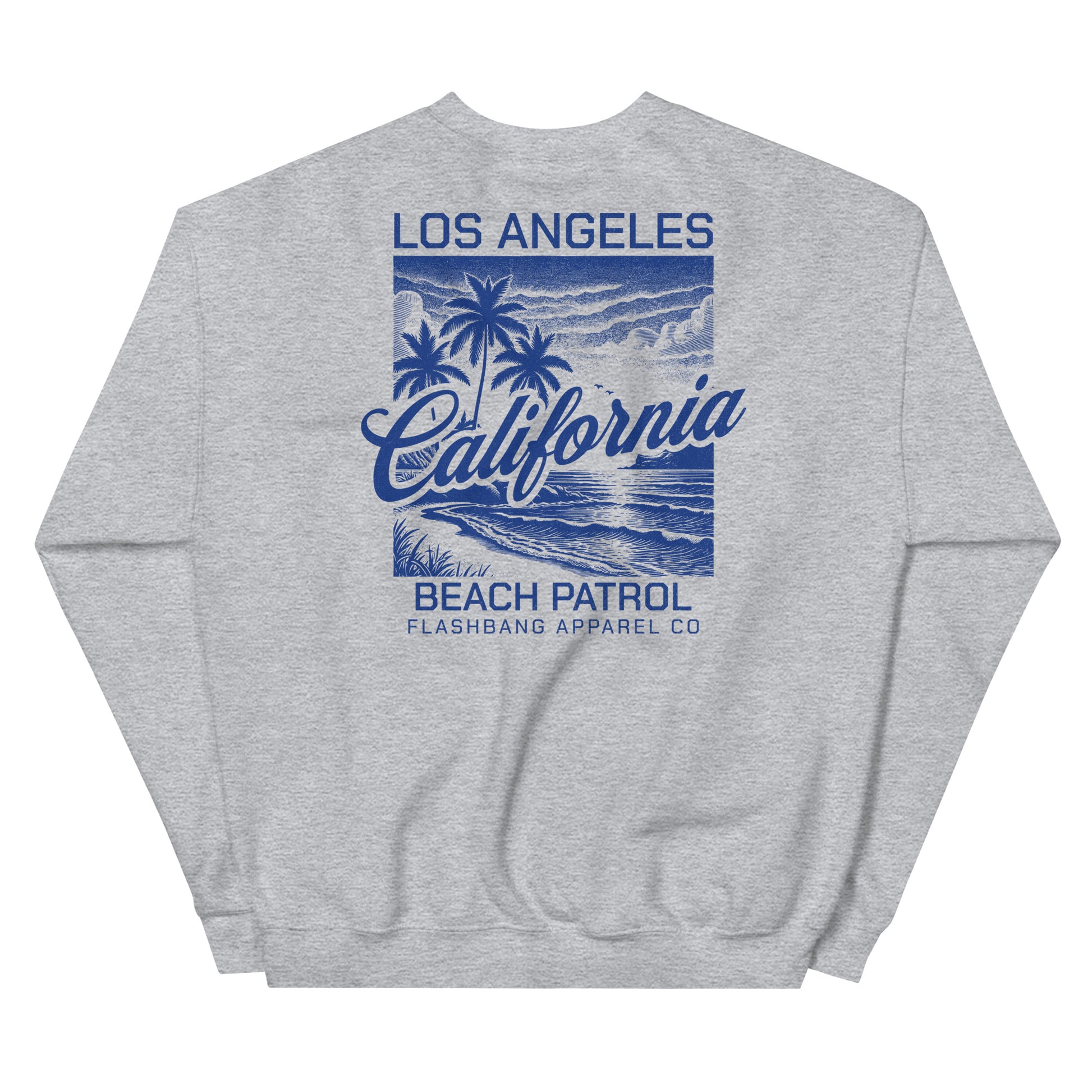 Gray sweatshirt with blue 'Los Angeles California Beach Patrol' design on a white background