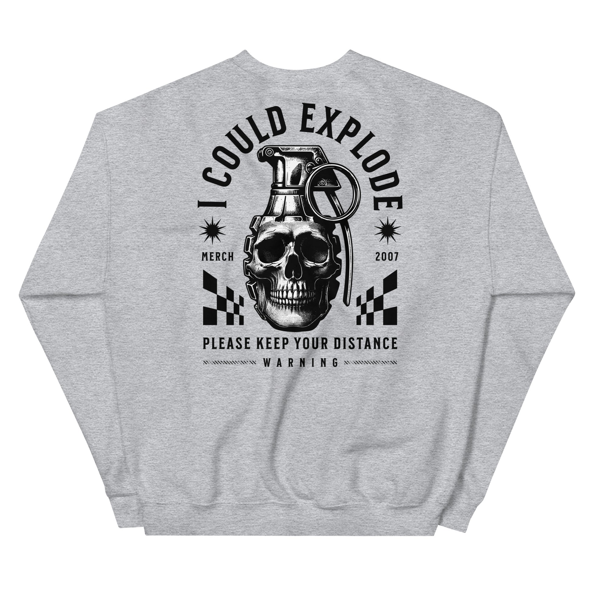 Gray sweatshirt with a graphic design featuring a skull and grenade on a white background