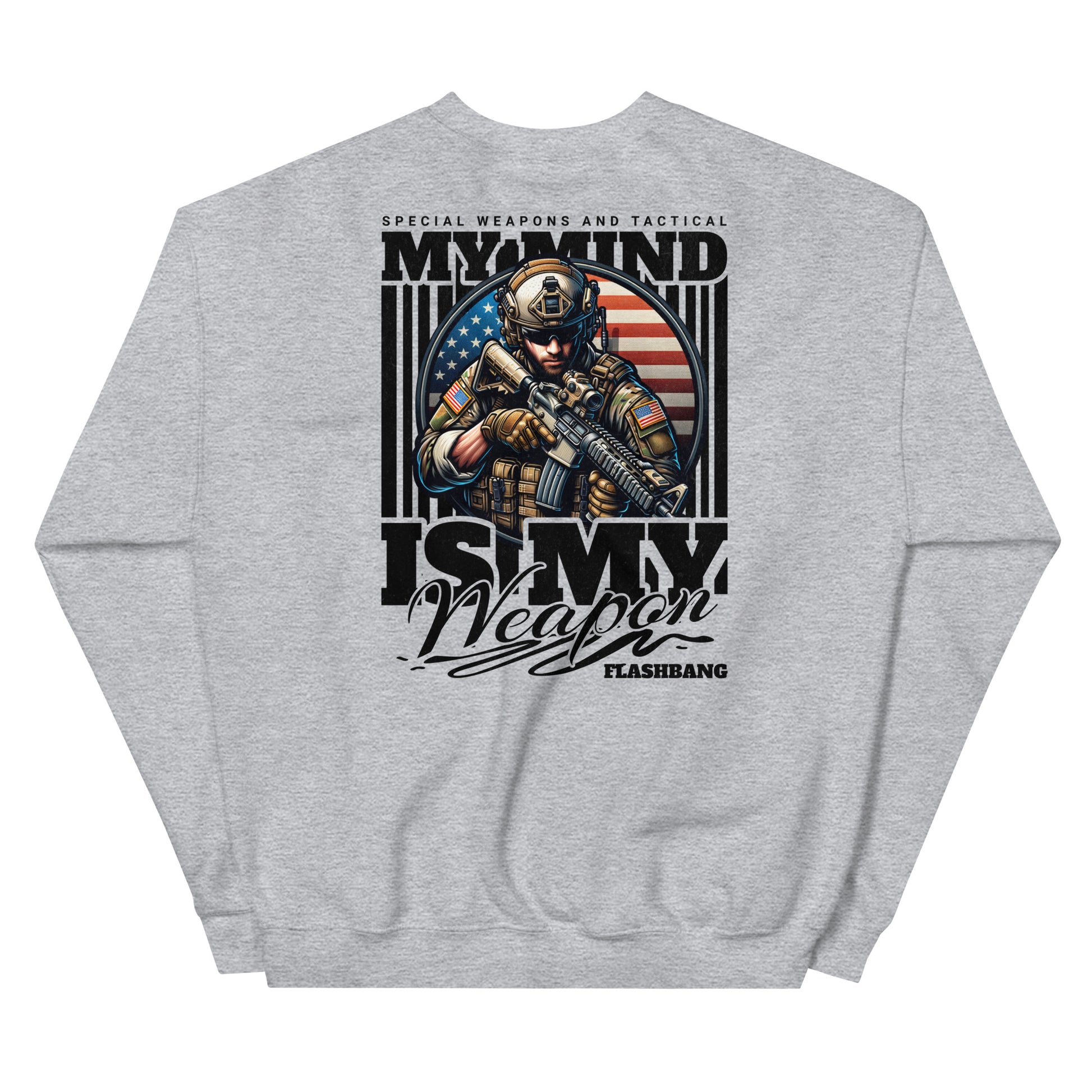Gray sweatshirt with a graphic design of a soldier and text on the back, on a white background.