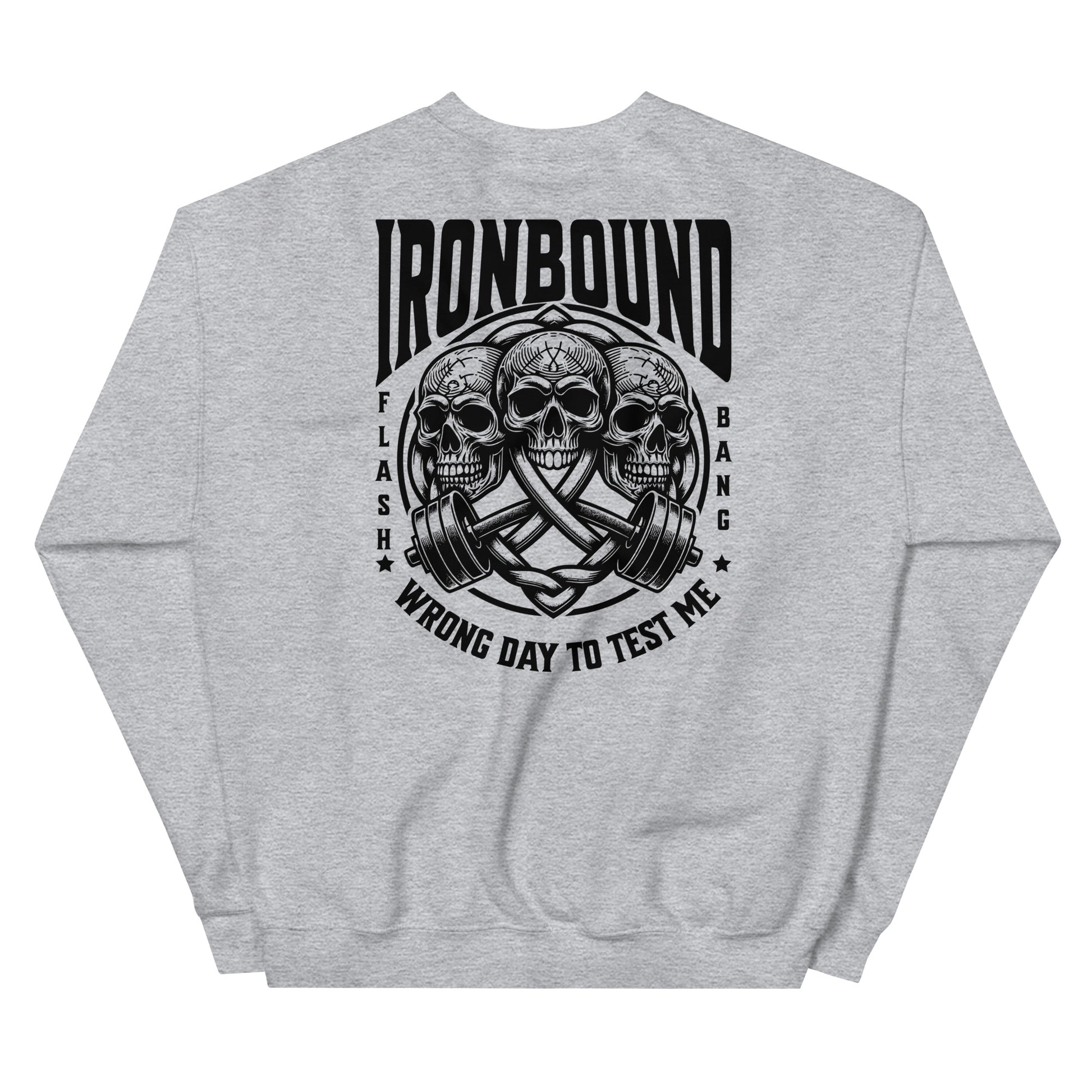 Gray sweatshirt with black graphic design and text on a white background