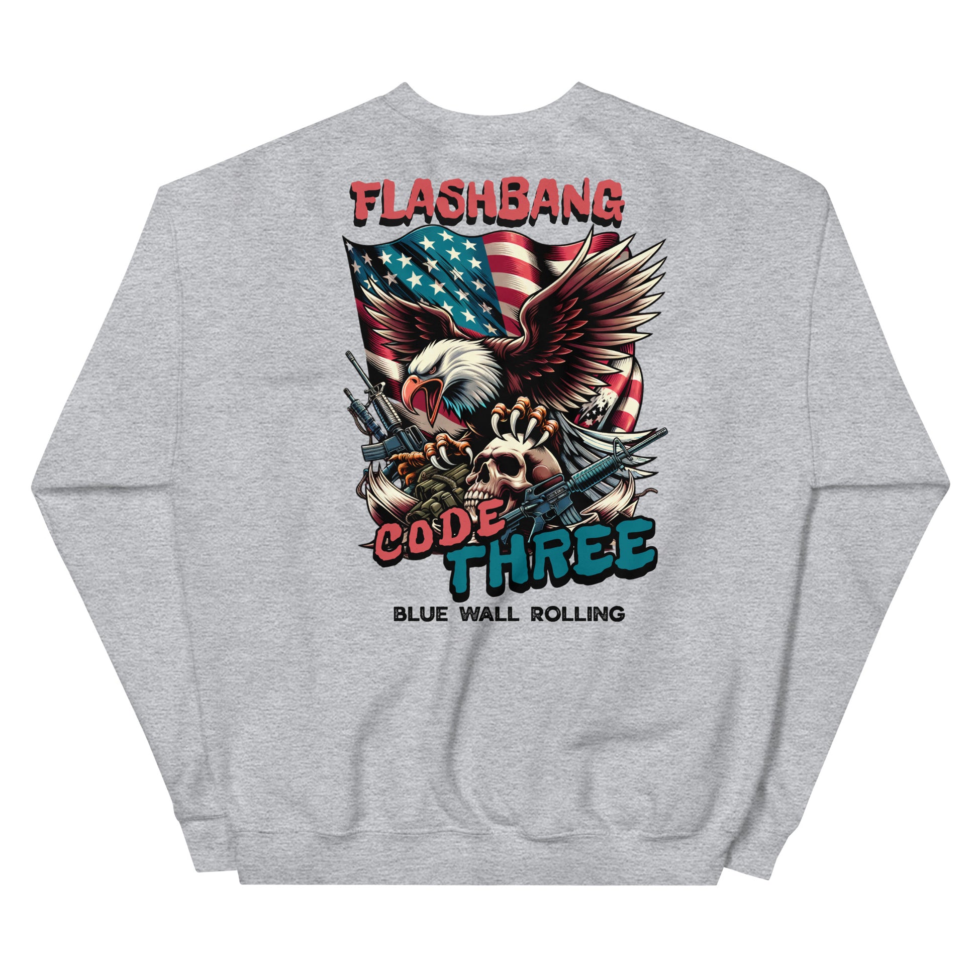 Gray sweatshirt with 'Flashbang Code Three' graphic design featuring an eagle and American flag.