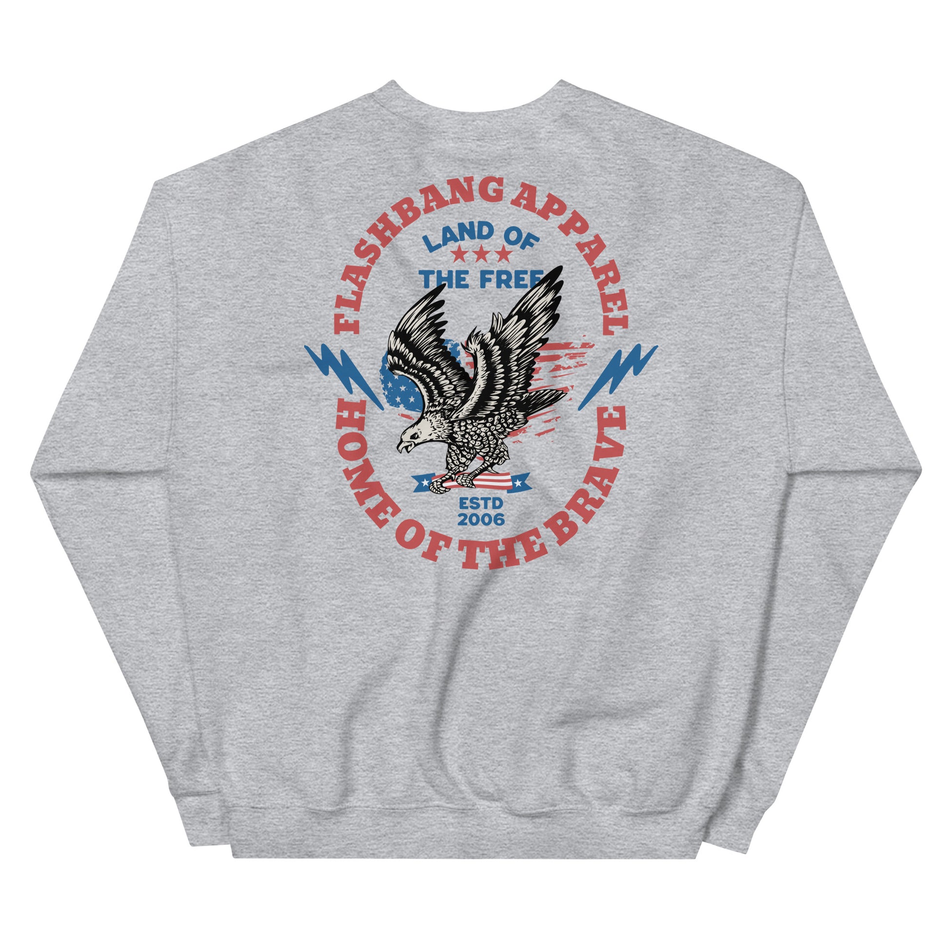Gray sweatshirt with an eagle graphic and text on a white background