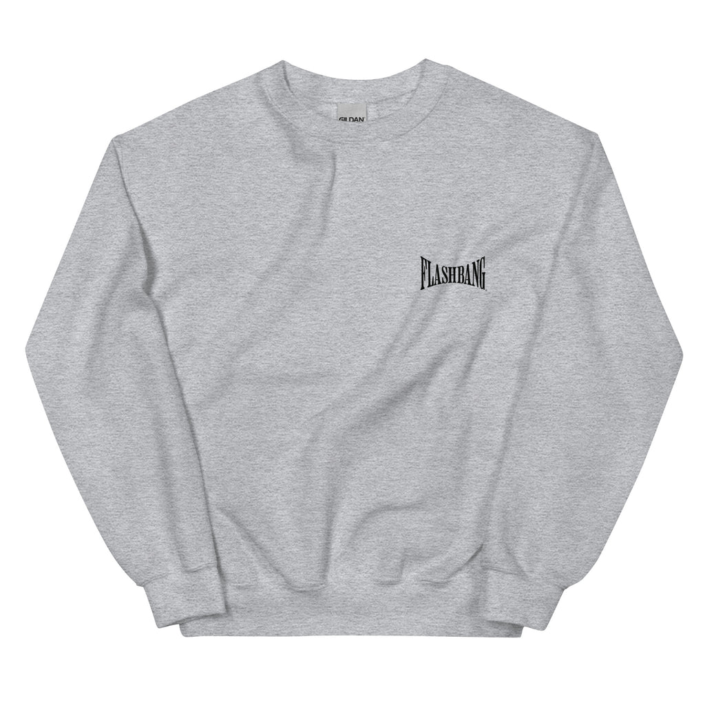 Gray sweatshirt with 'Flashbang' logo on a white background