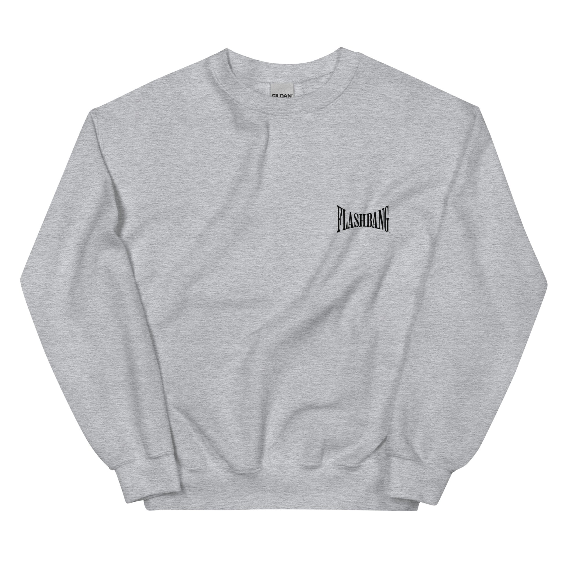Gray sweatshirt with 'Flashbang' logo on a white background