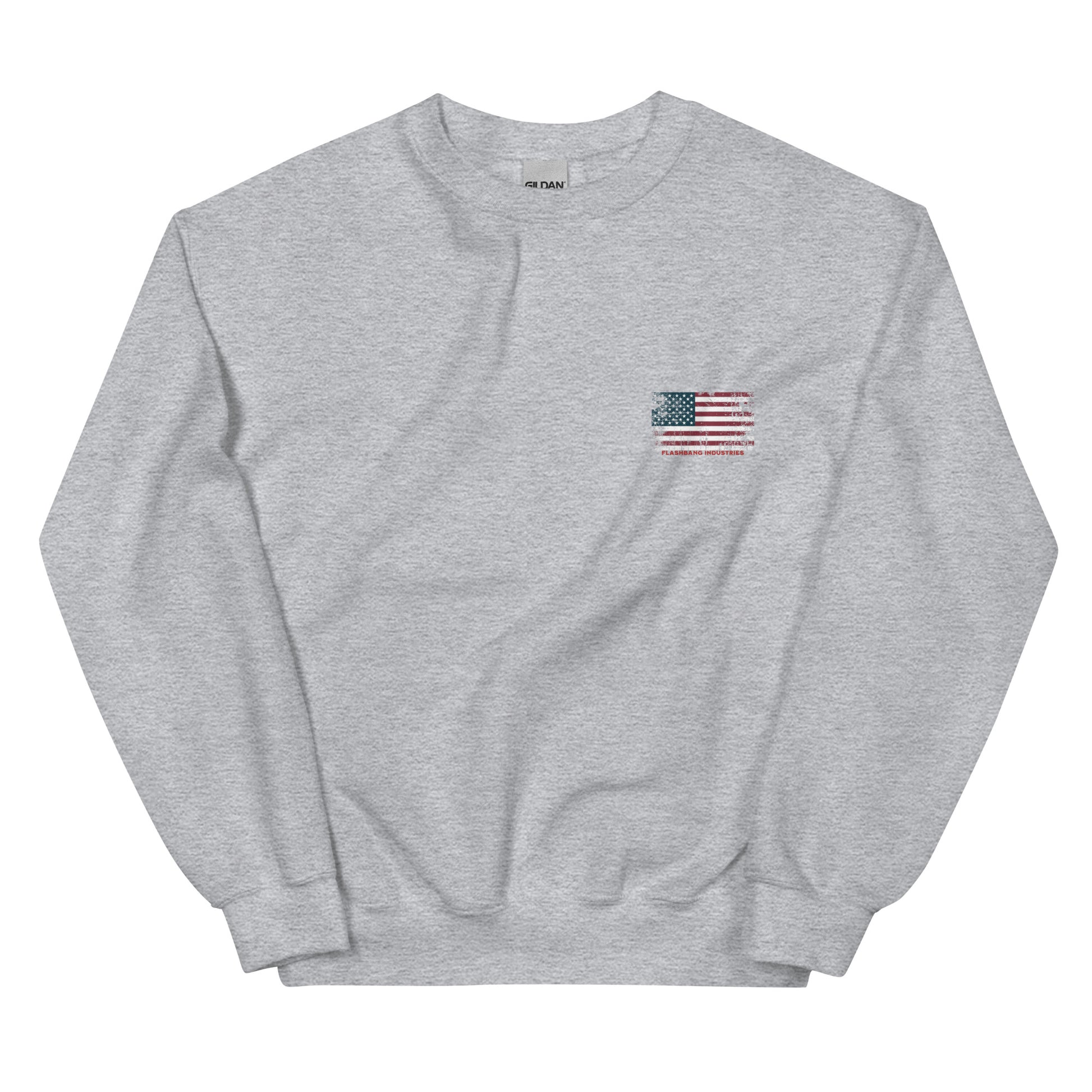Gray sweatshirt with an American flag patch on a white background