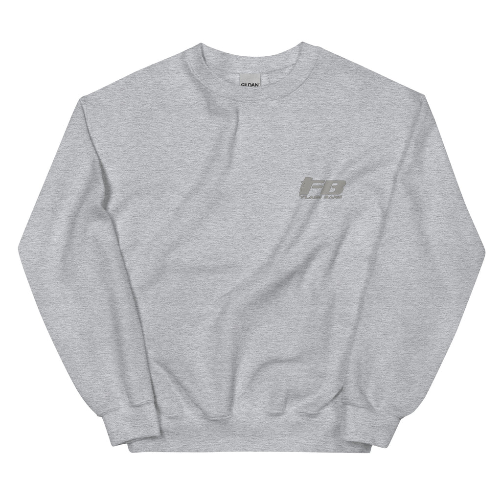 Gray sweatshirt with a logo on the chest against a white background